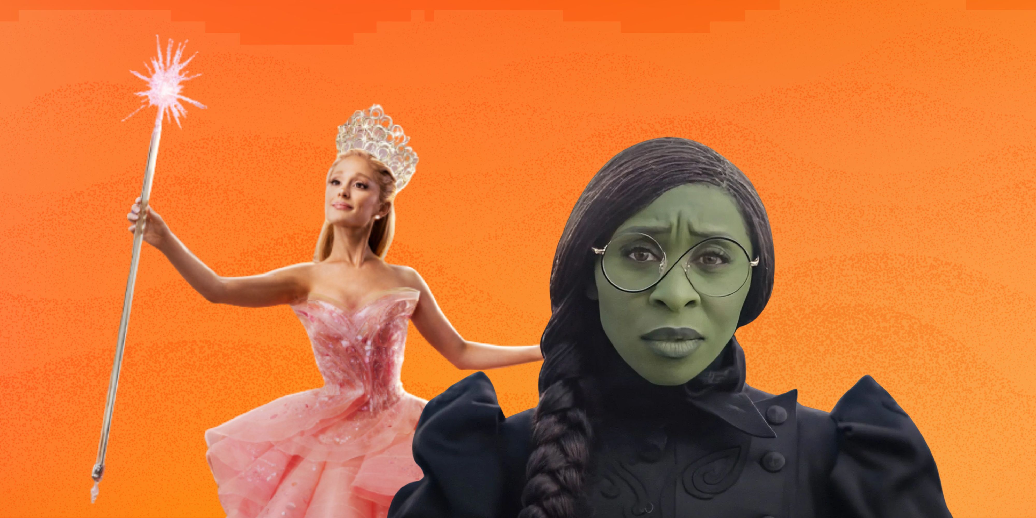 Glinda and Elphaba from Wicked on orange background