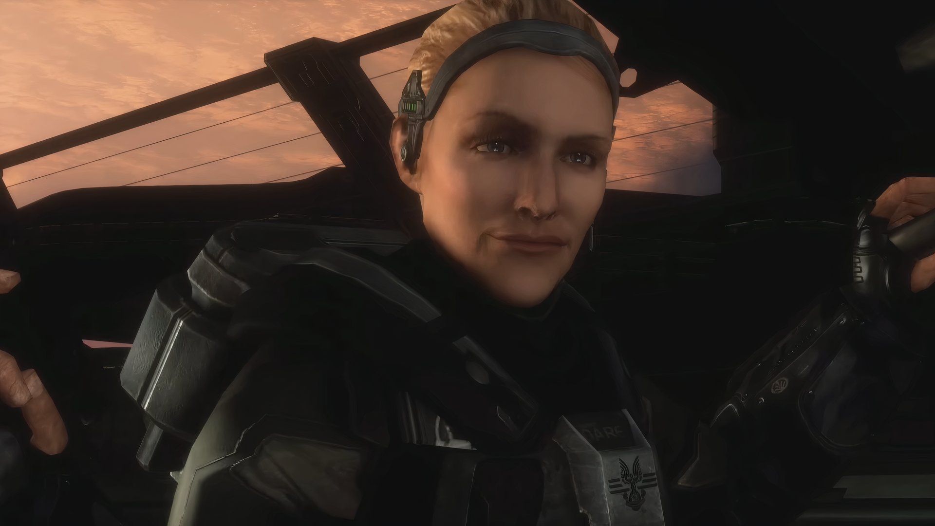 ورونیکا در حالی که تپانچه خود را در Halo 3 Odst نگه داشت ، با لبخند جرات می کند.