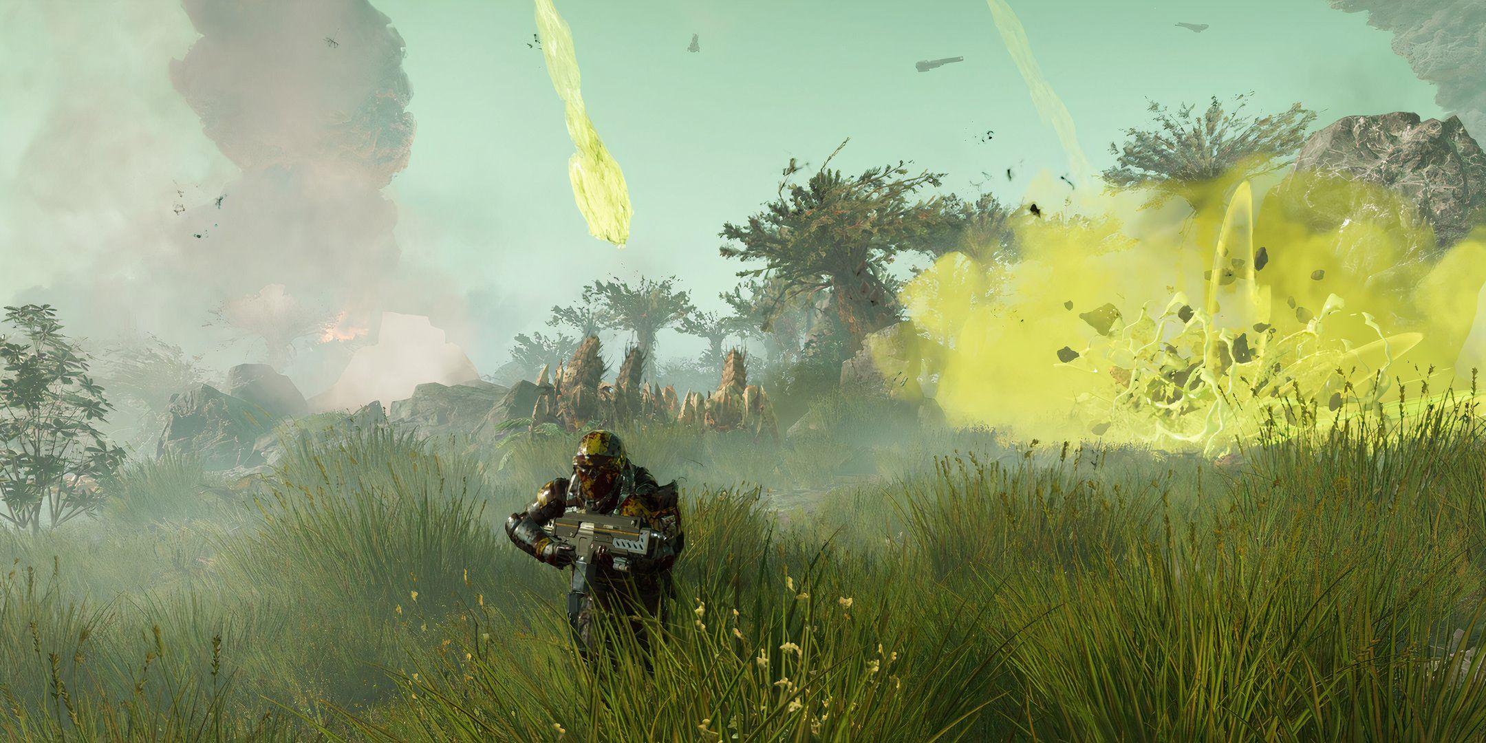A Helldiver running away from an air strike in Helldivers 2.