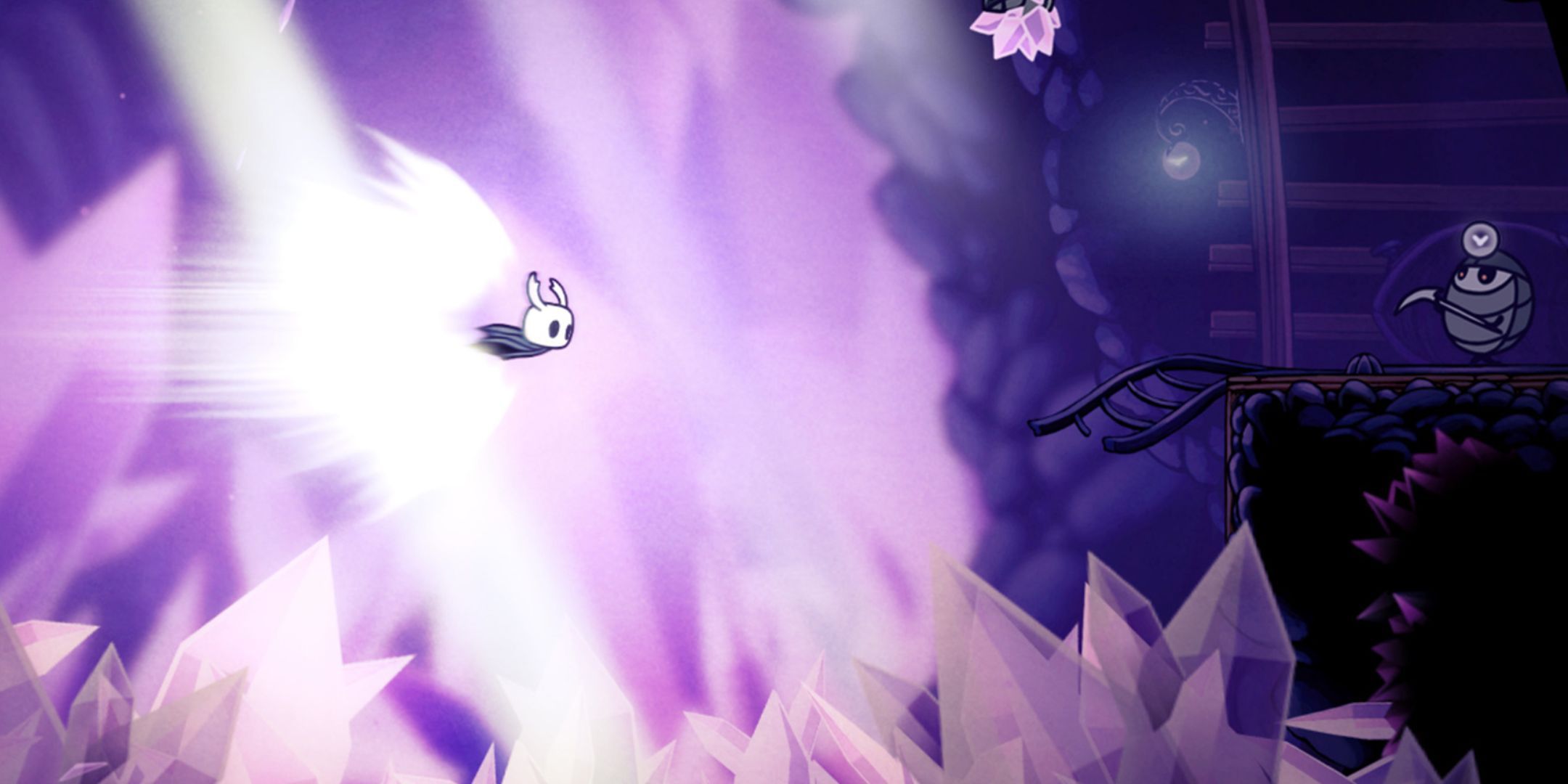 The Knight flying forward in Hollow Knight.