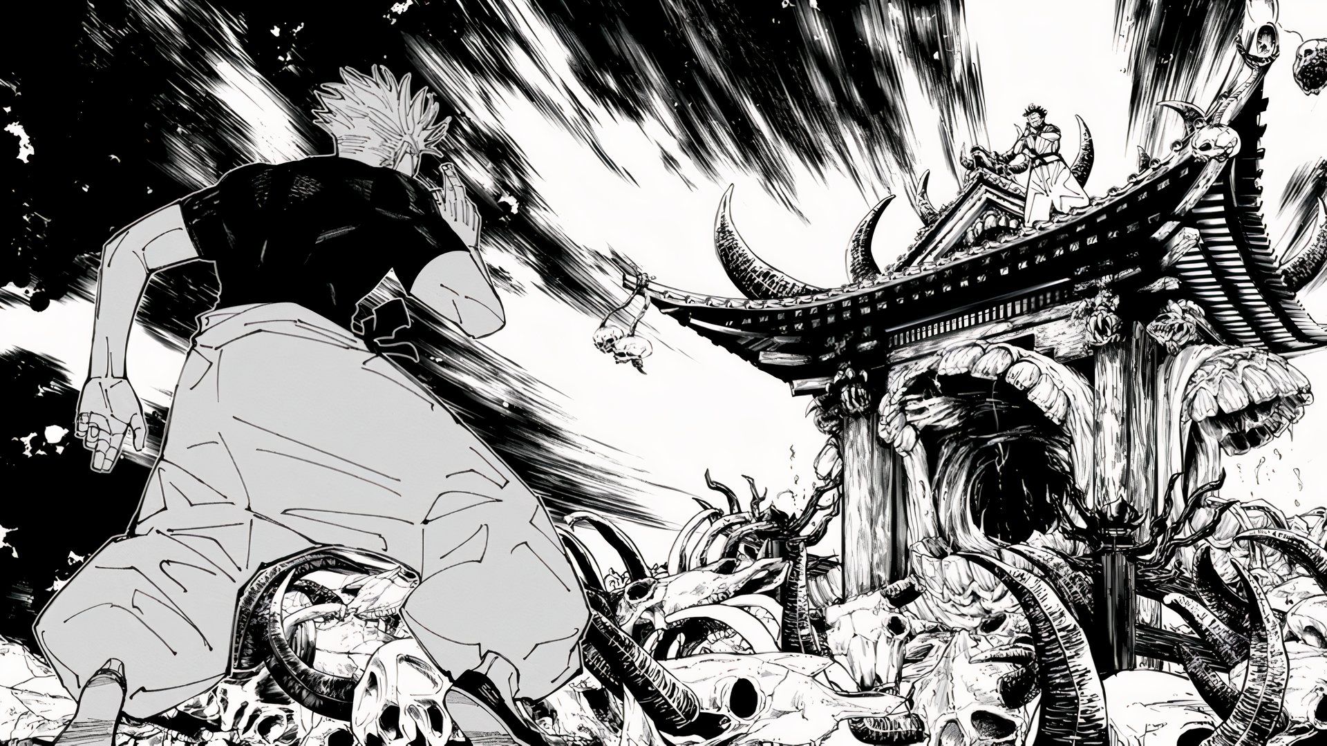 Sukuna vs Gojo about to fight as one stands atop a building surrounded by skulls.