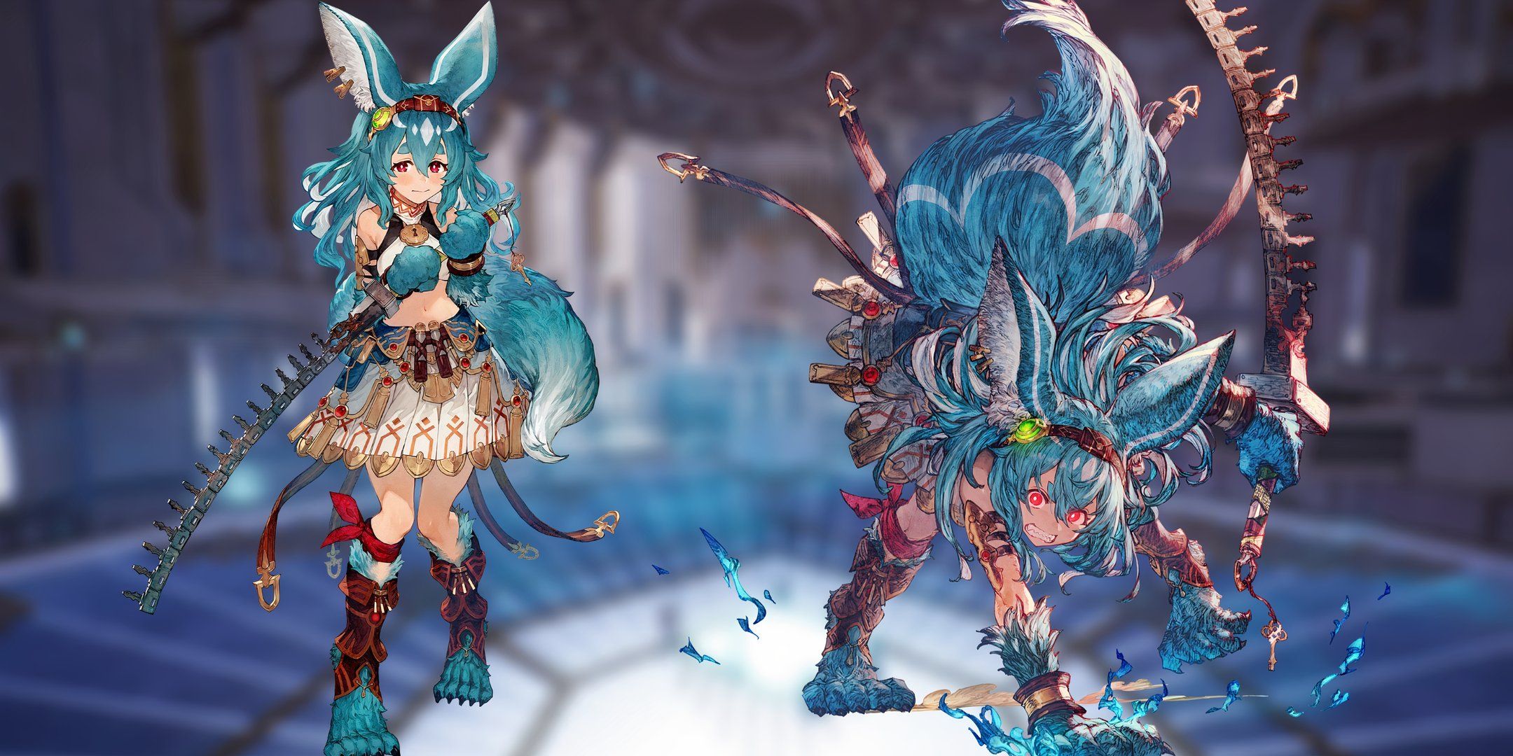 Lenja on the left is holding her hands to her face and holding a shy pose, while Lenja on the right has her sword out and she is on all fours prepared for battle with glowing red eyes in Atelier Yumia: The Alchemist of Memories &amp; the Envisioned Land.