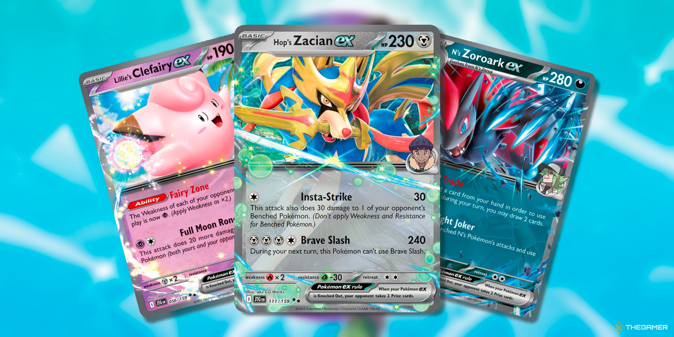 Lillie&rsquo;s Clefairy-ex, Hop&rsquo;s Zacian-ex, And N&rsquo;s Zoroark-ex Double Rare Cards From The Expansion Journey Together Of The Pokemon TCG.