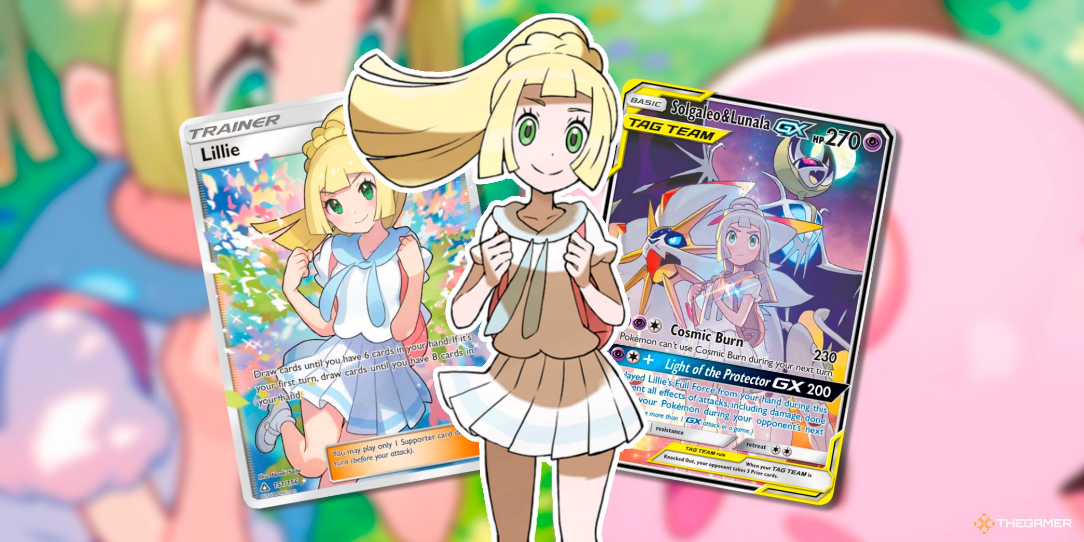 Lily (Ultra Rare) Altra Perm with Soligelio and Lonala GX (Ultra Nayab) Universe Equipus Cards from Pokemon TCG to Lily's Ultra Sun & Moon Key Art.