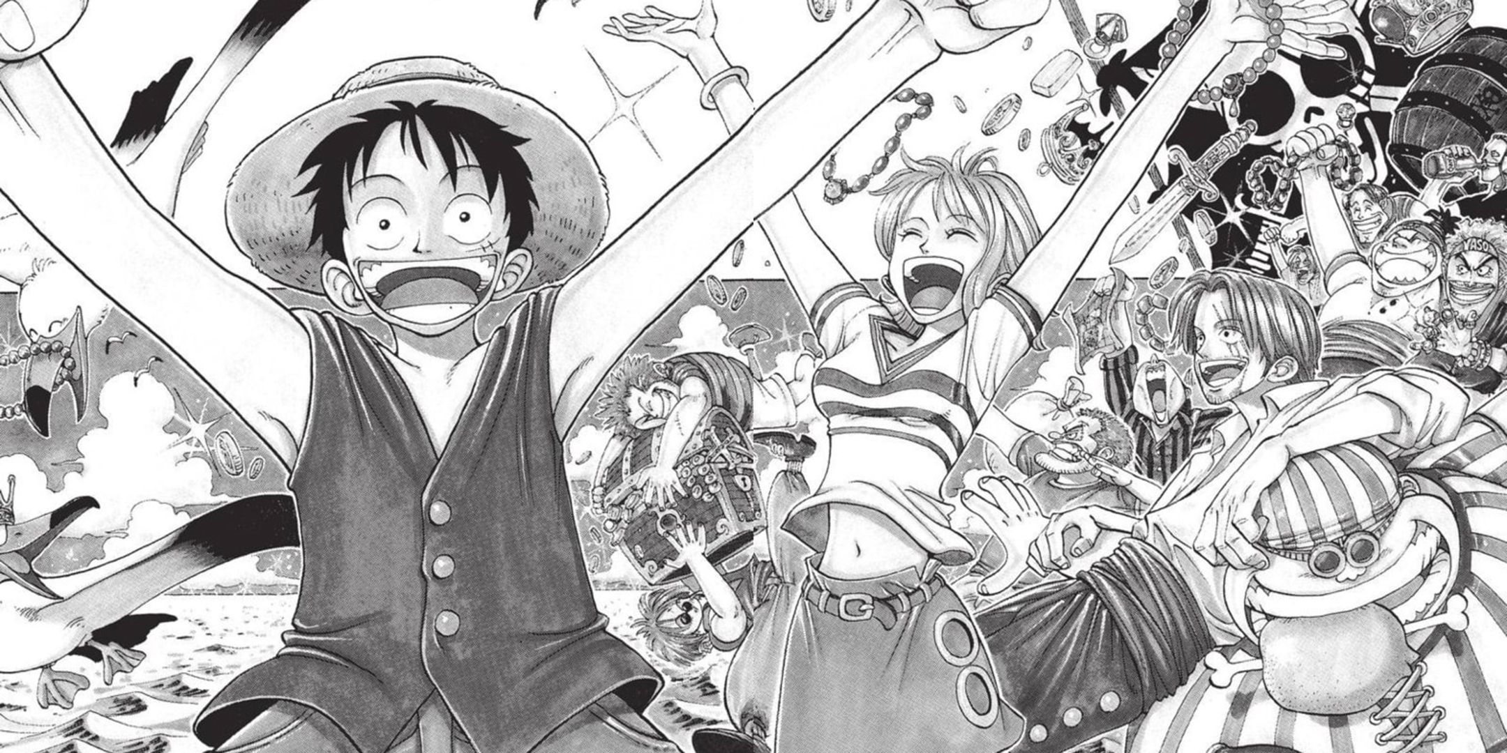 Luffy, Nami, and Shanks&rsquo;s crew celebrating in the One Piece manga.