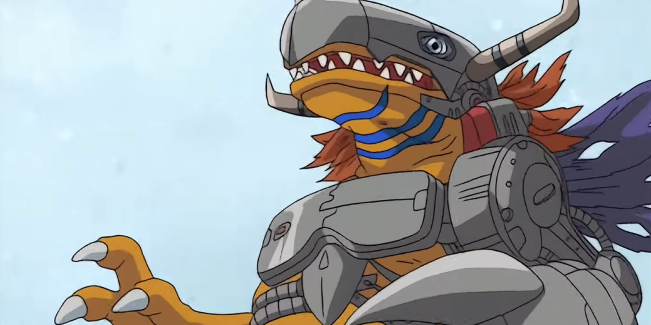 Maletgreymon آماده می شود تا توپ های قفسه سینه خود را در ماجراجویی Digimon شلیک کند.