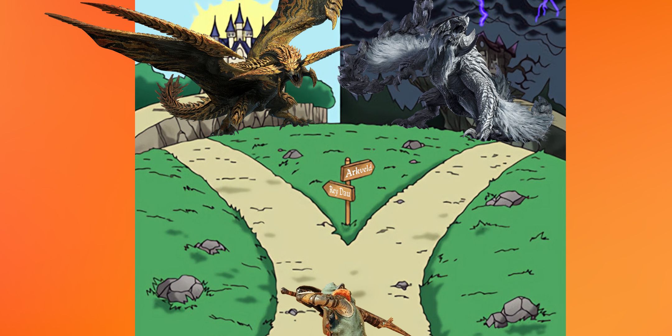 A Hunter from Monster Hunter Wilds standing at a forked pth between a Rey dau and an Arkveld.