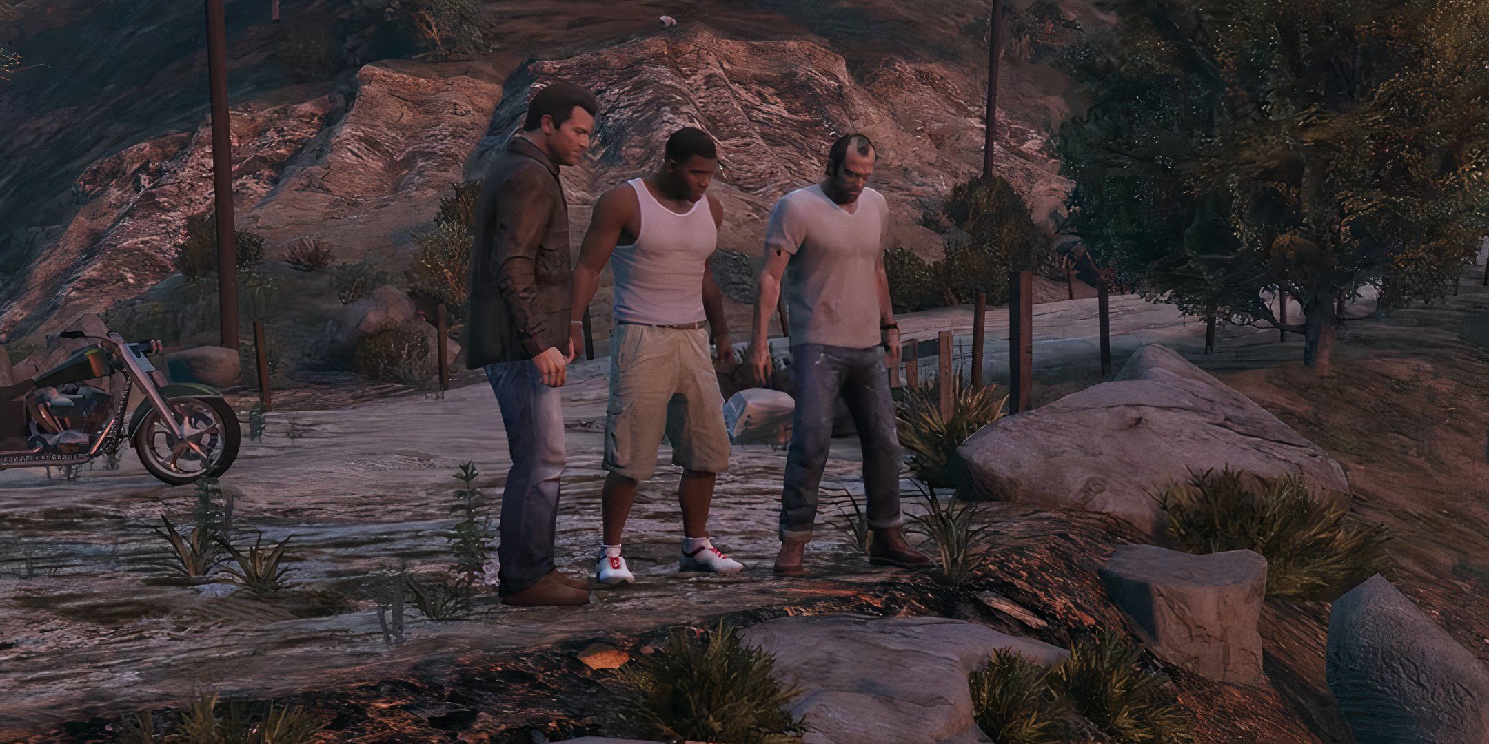 Michael, Franklin and Trevor stand together in the ending of GTA 5.
