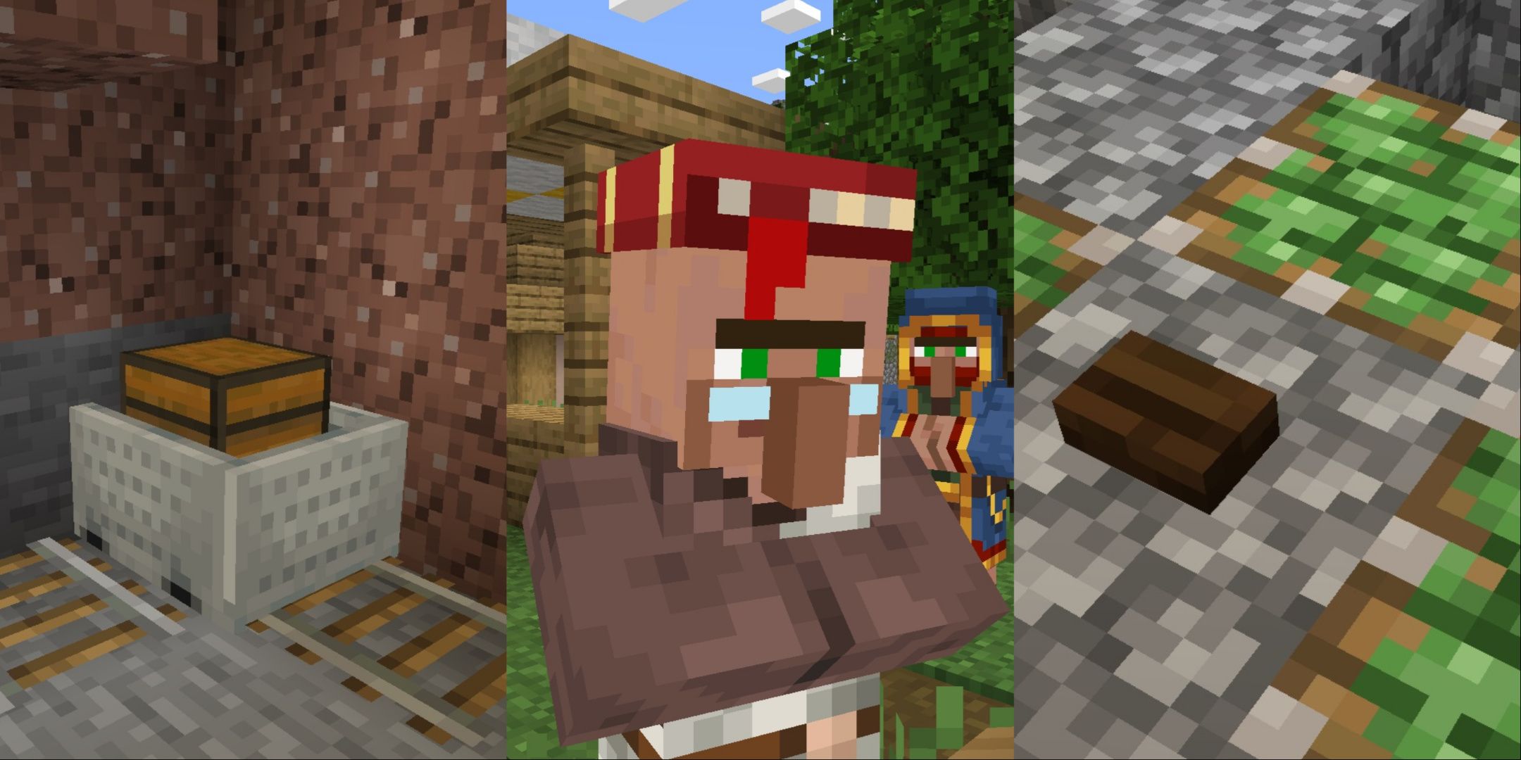 Left to right: A Railcar Chest, a Librarian Villager with a Wandering Trader Behind, a brown button in a cobblestone floor near some sticky pistons.