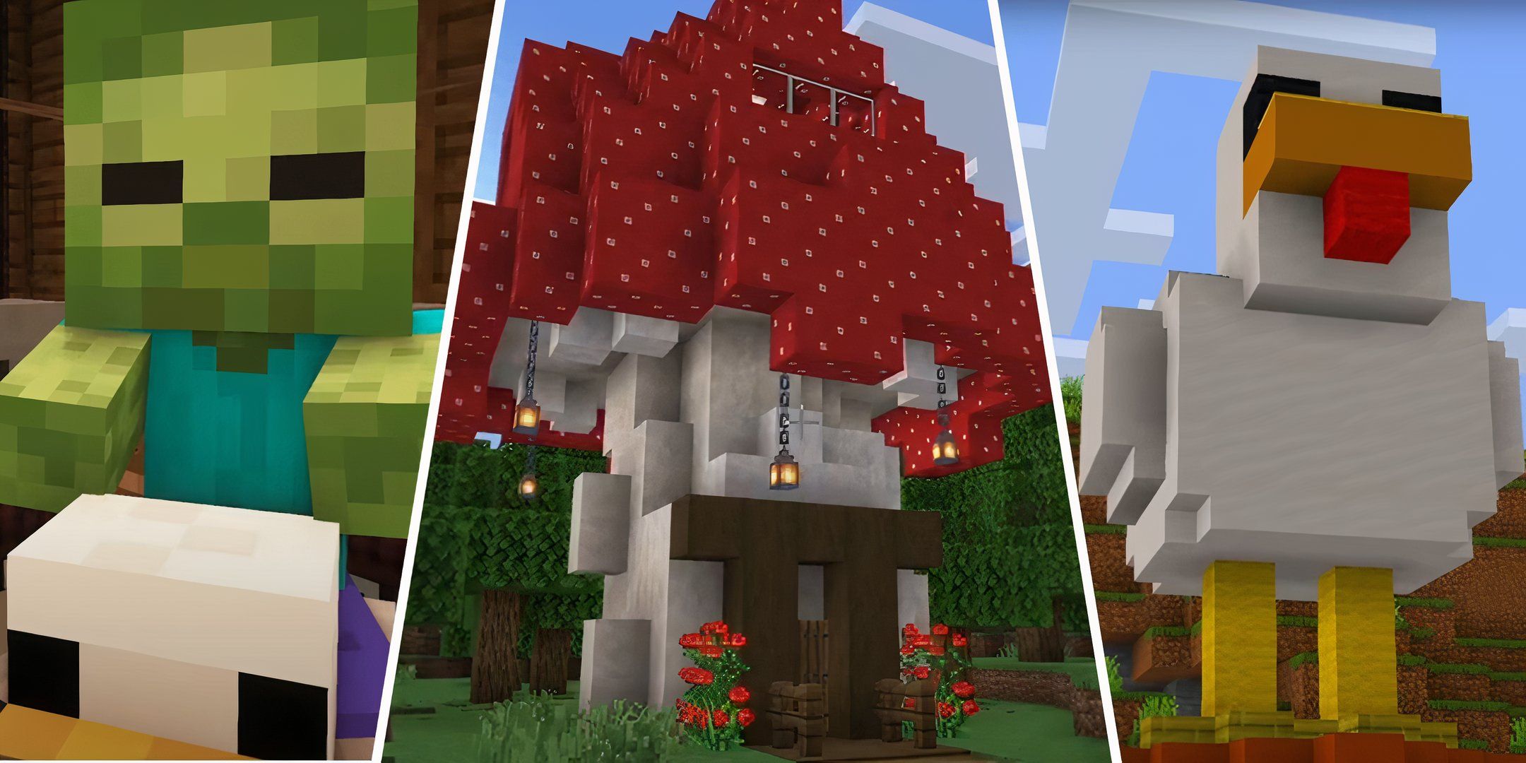 Minecraft Movie Builds Header with chicken jockey, mushroom house and chicken shop.