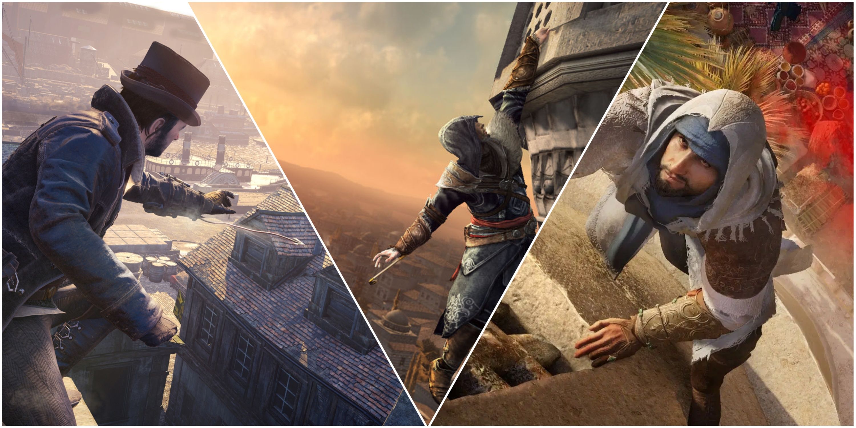 Jacob uses his hook, Ezio climbing with the hookblade and Basim climbs after a smoke bomb goes off.