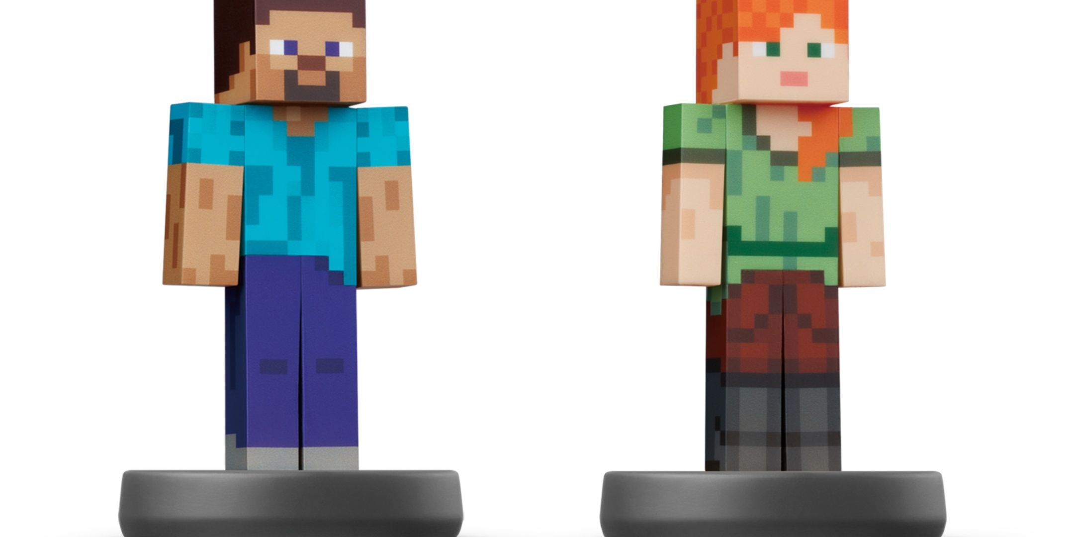 Alex och Steve Minecraft Amiibo på en vit backgroud.