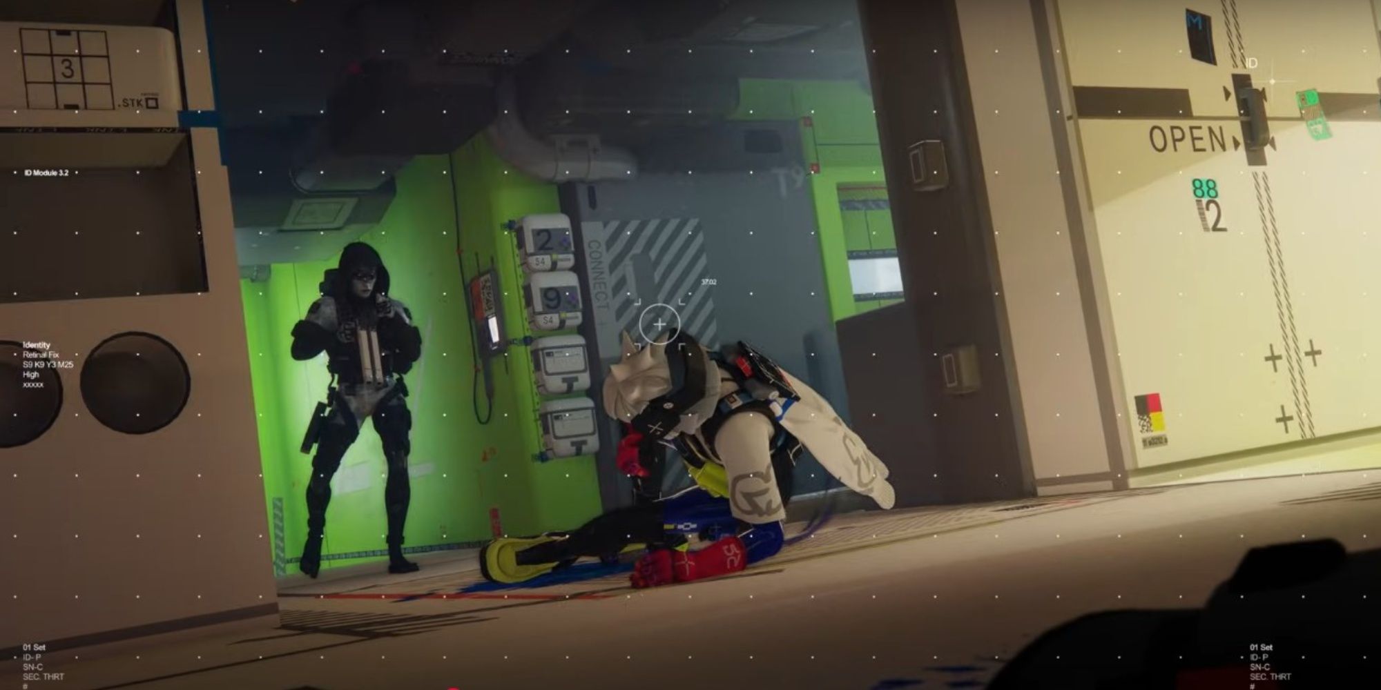 A Marathon character standing over another downed character while reloading their weapon.