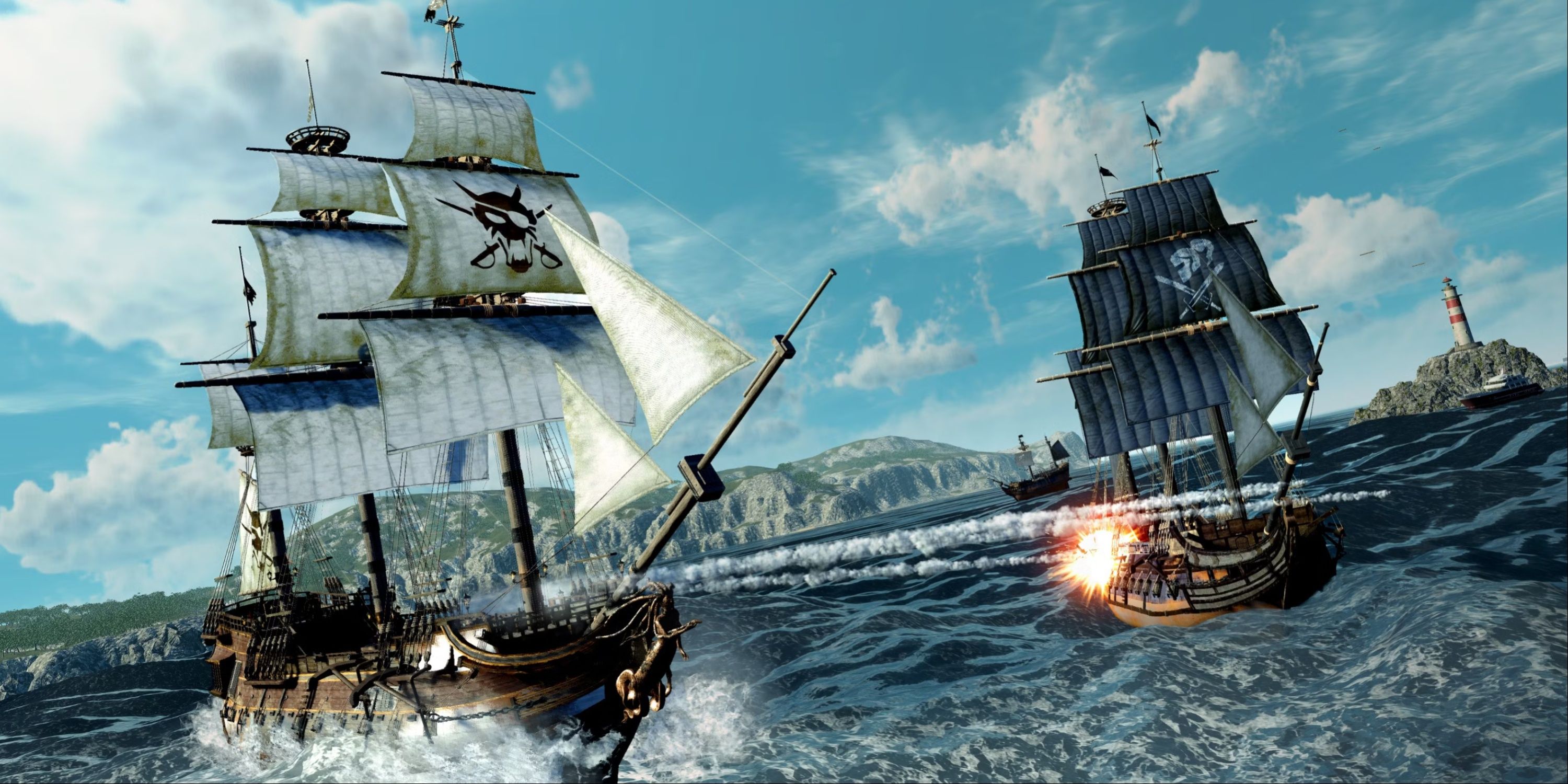 The ship is battle and fires each other in the sea.