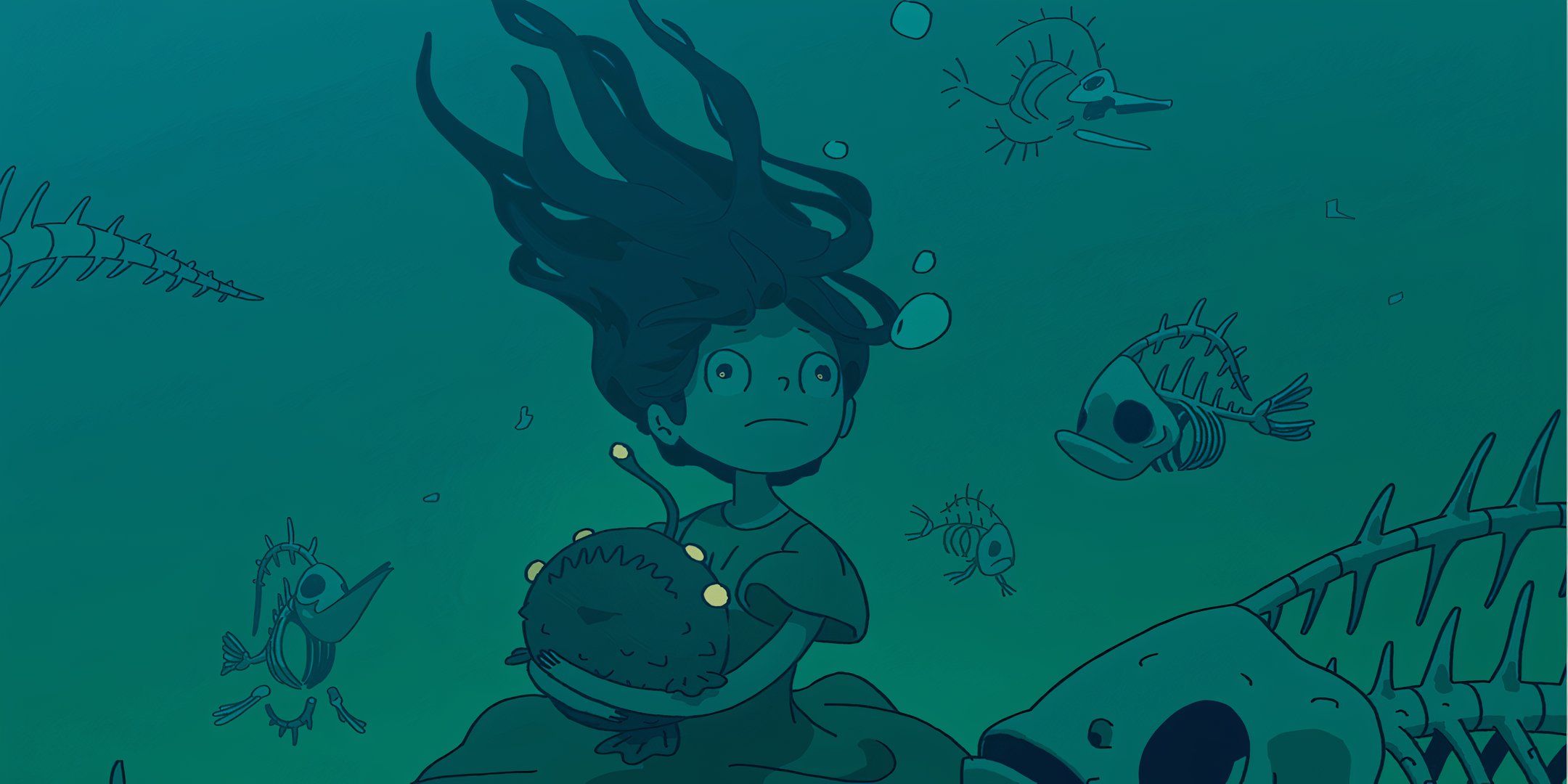 A girl sits underwater surrounded by fish skeletons and holding an underwater sea creature from Obojima Tales from the Tall grass in DND.
