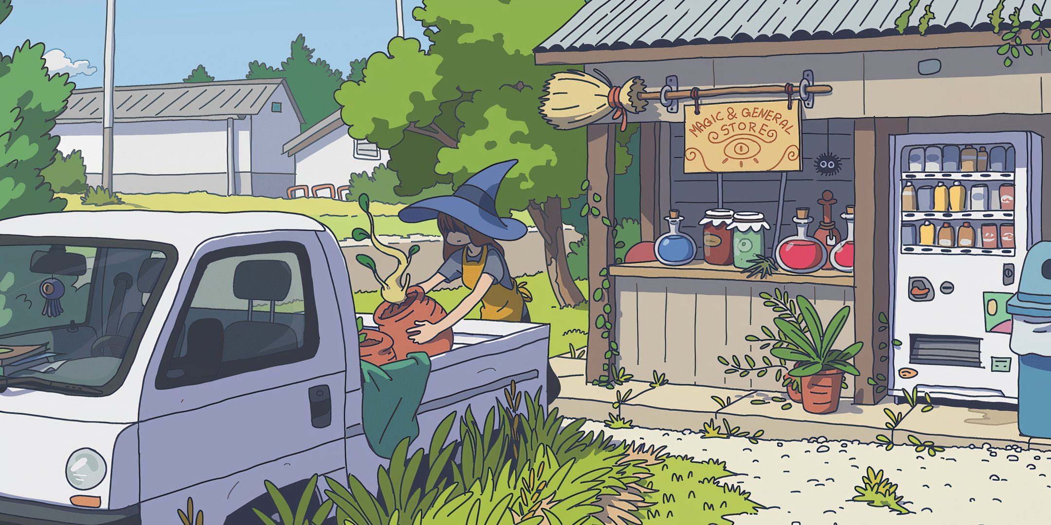 A green wich placing her plant in her truck outside of her potions store from Obojima tales from the Tall grass DND adventure module.