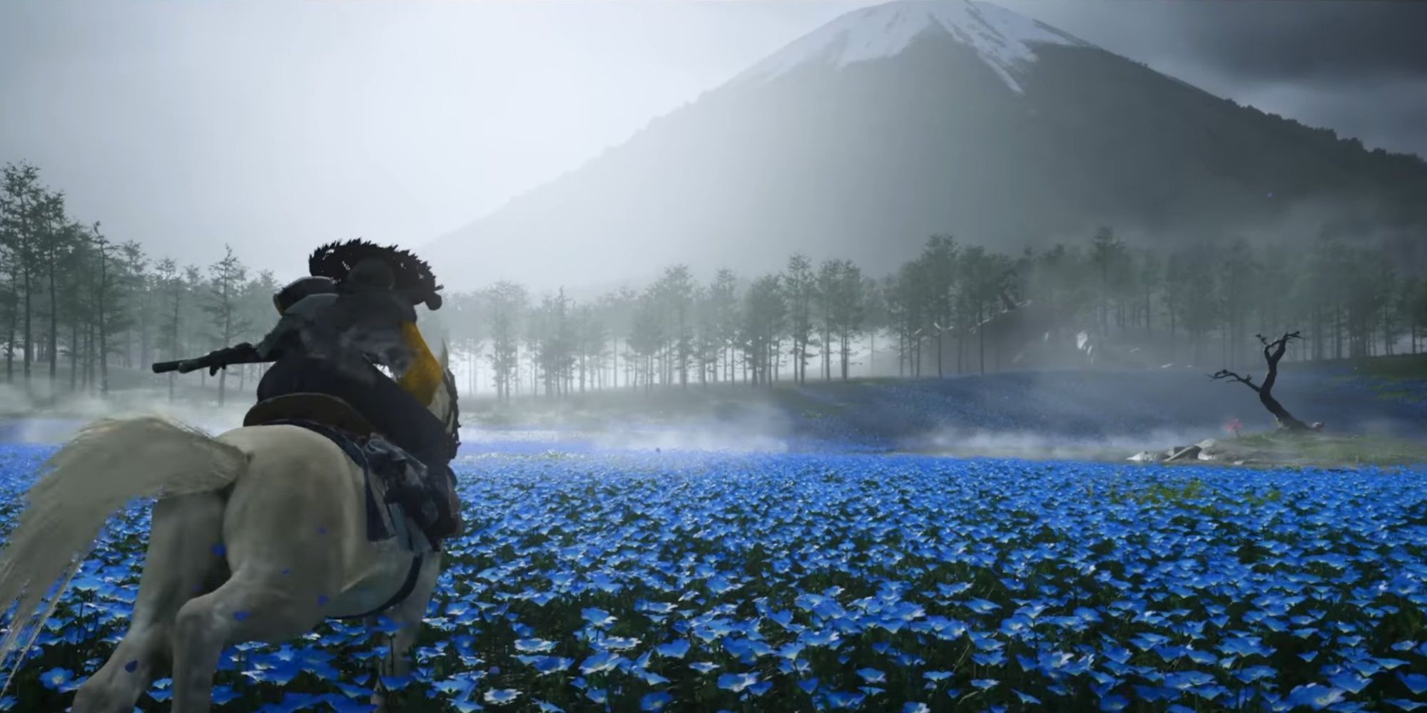 Atsu riding a horse across a field of blue flowers in Ghost of Yotei.