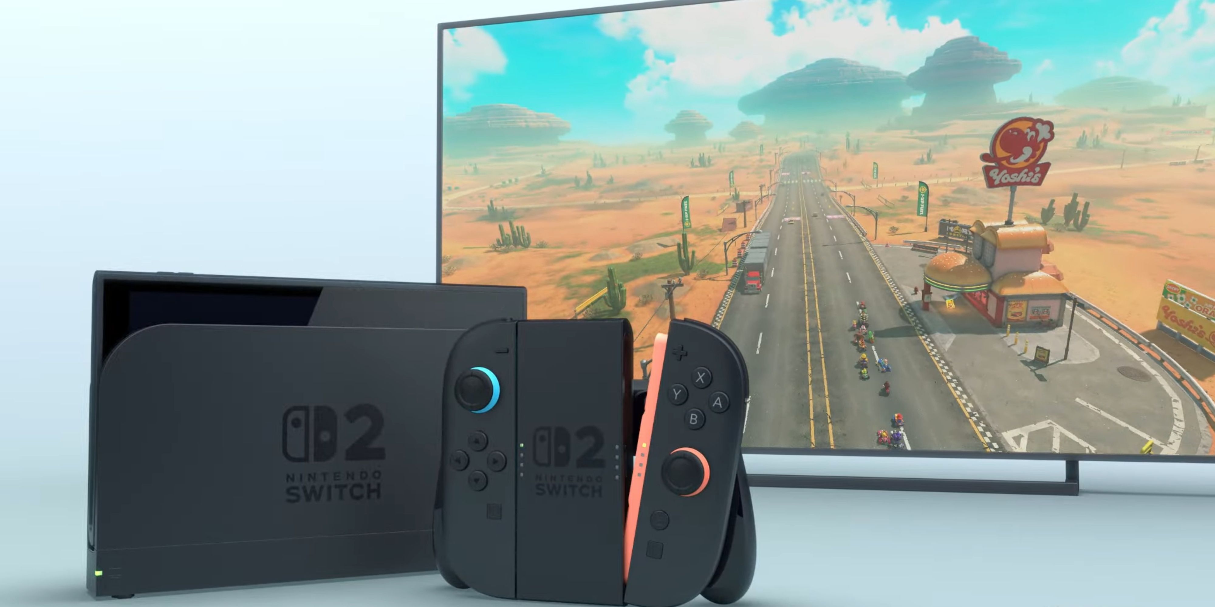 nintendo switch 2 in front of a screen with mario kart world on it.
