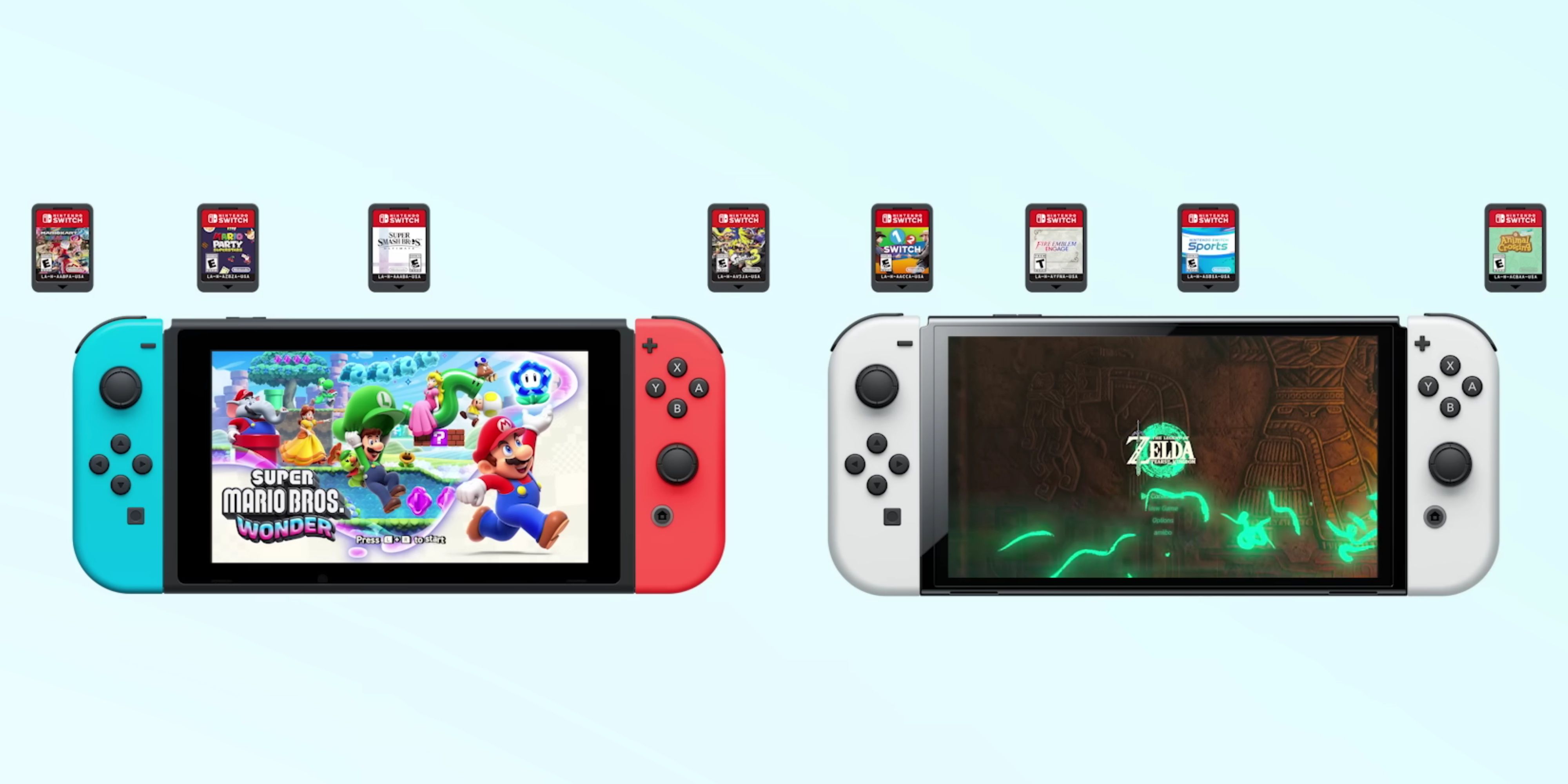 nintendo switch and oled consoles with game cards above them.