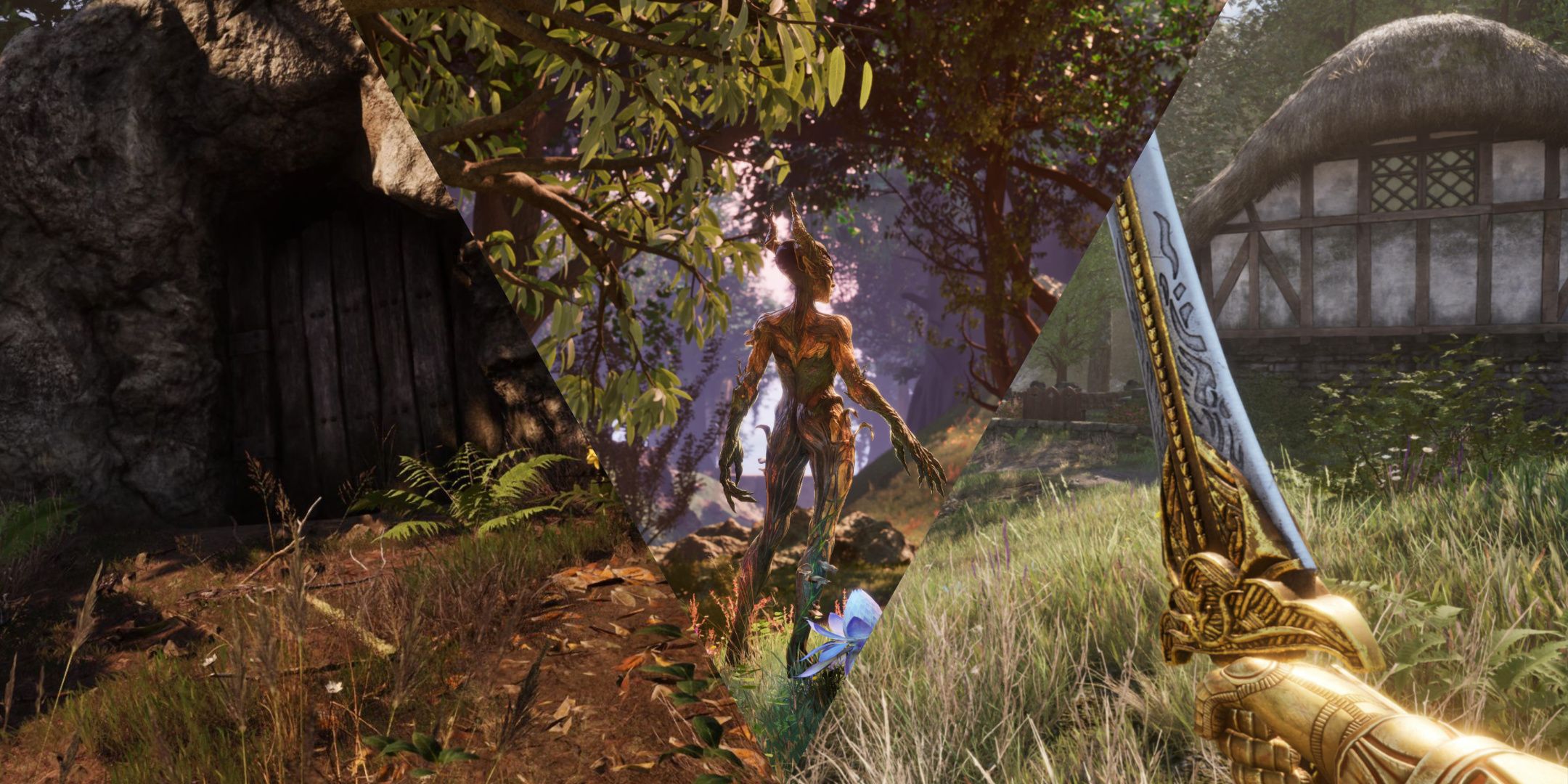 Oblivion Remastered Featured Image, a door in a cliffside, a dryad in a forest, and the player weilding a sword next to a house.