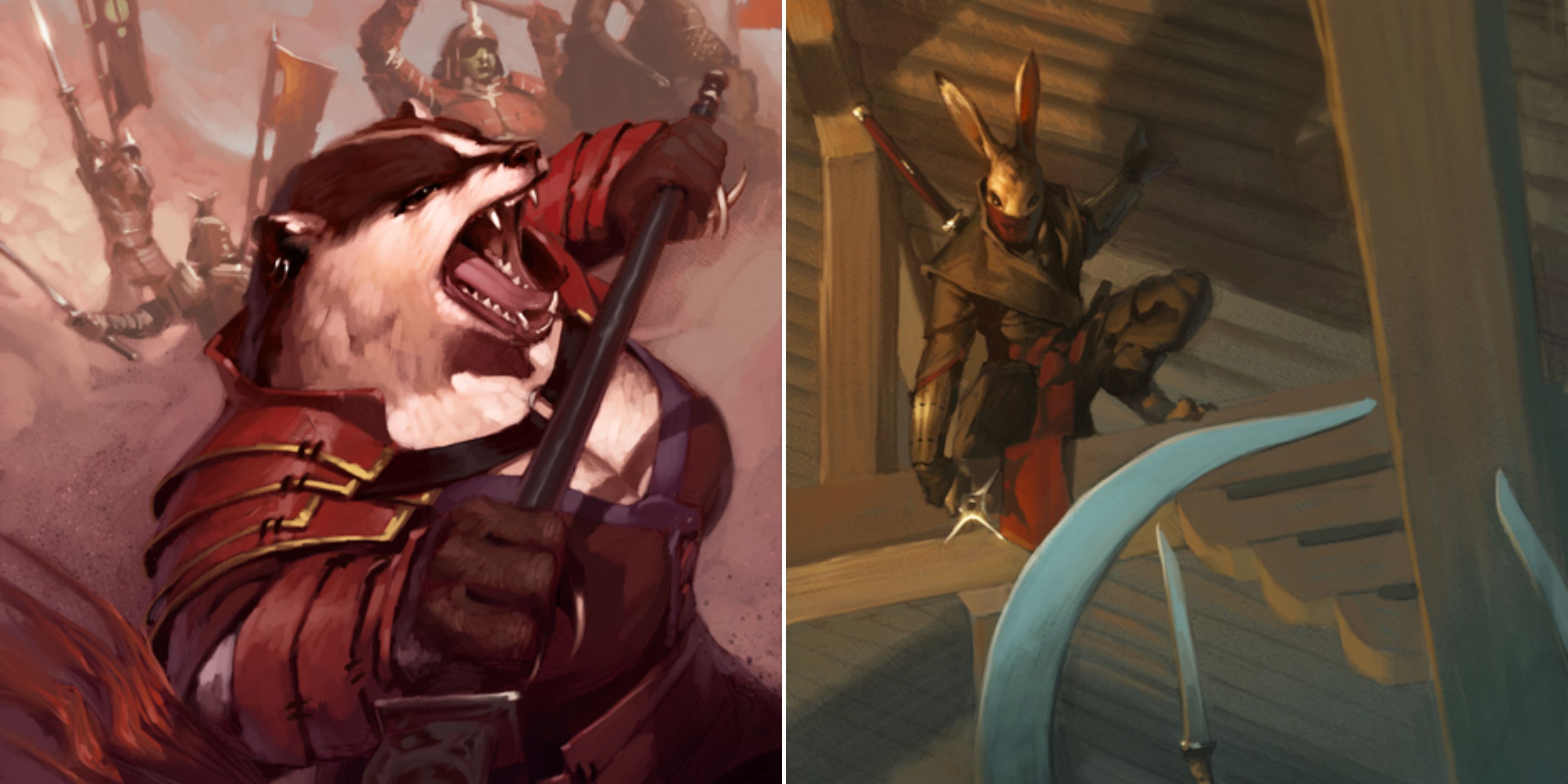On the left, a badger hengeyokai engages in battle and on the right, a rogue rabbit hengeyokai prepares to strike in Dungeons & Dragons.