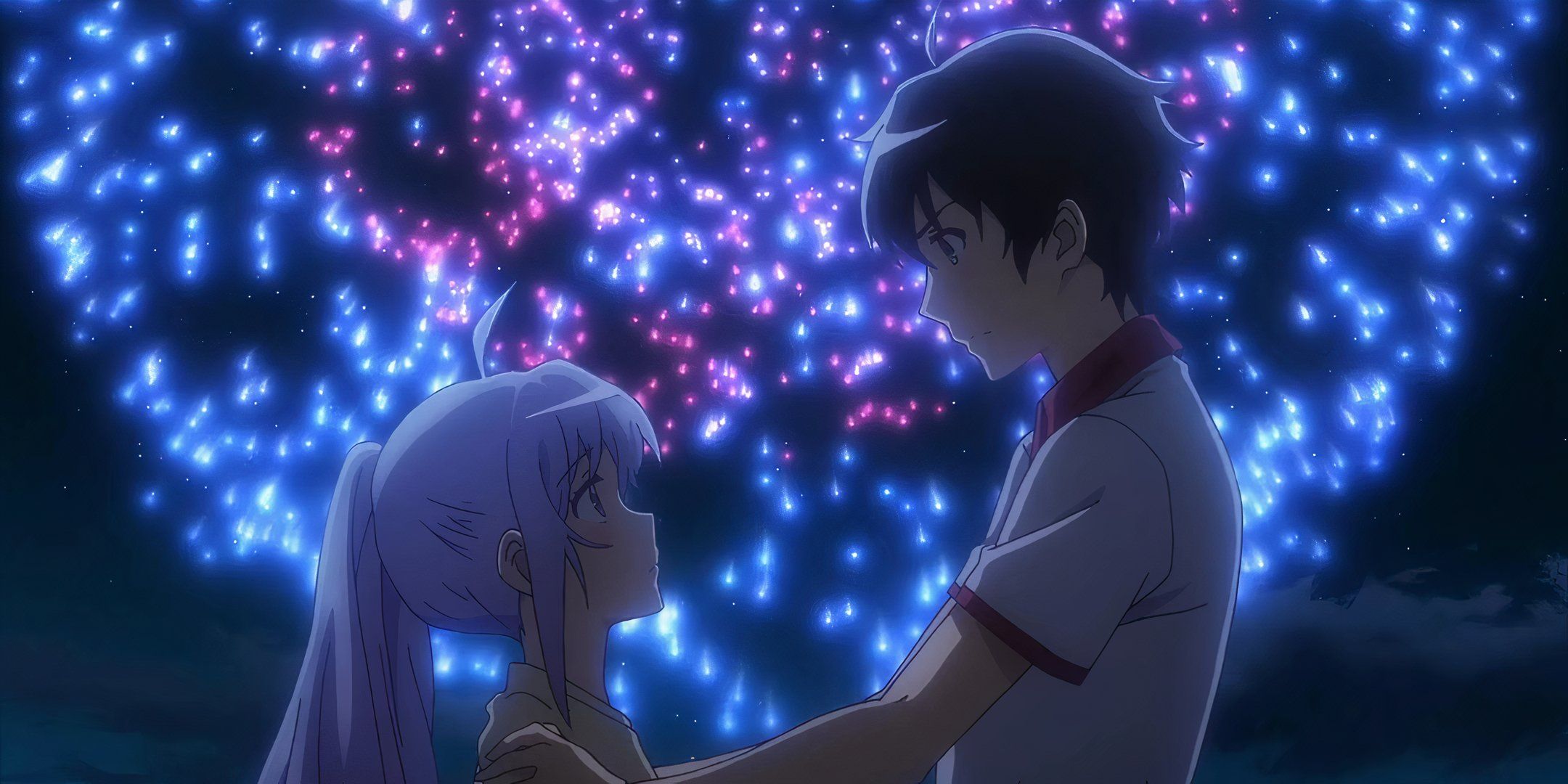 Isla is looking at Tsukasa Mizugaki holding his shoulder. Fireworks are seen behind them.