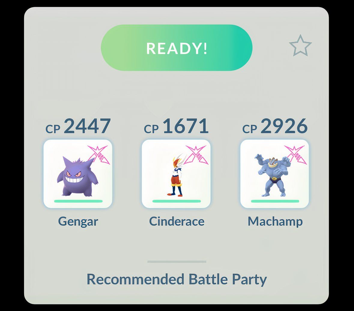 مهمانی نبرد Gengar ، Cinderace و Machamp از Pokemon Go.