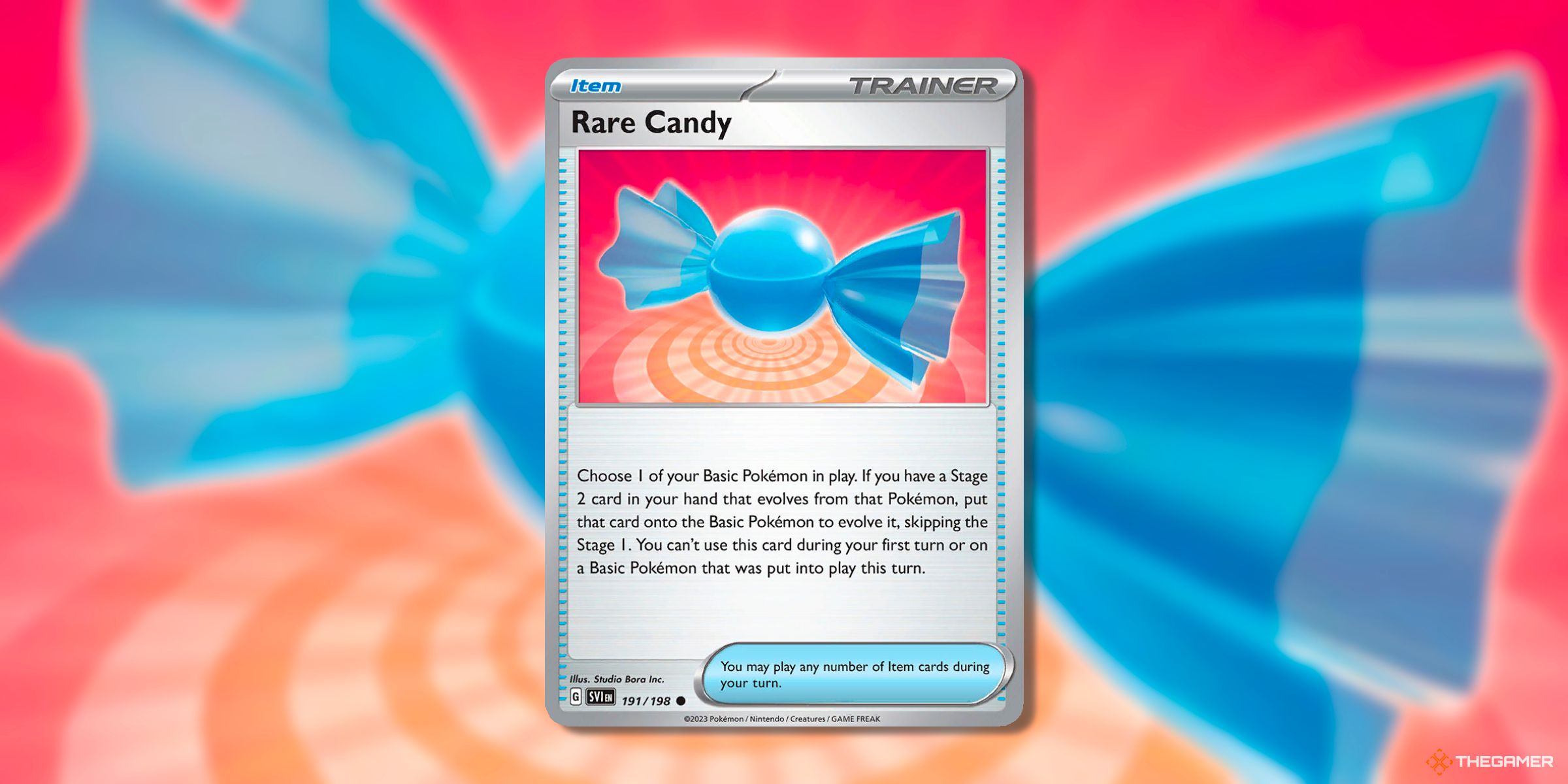 Rare candy from Pokémon TCG's base Scarlette and Violet 191 (common).