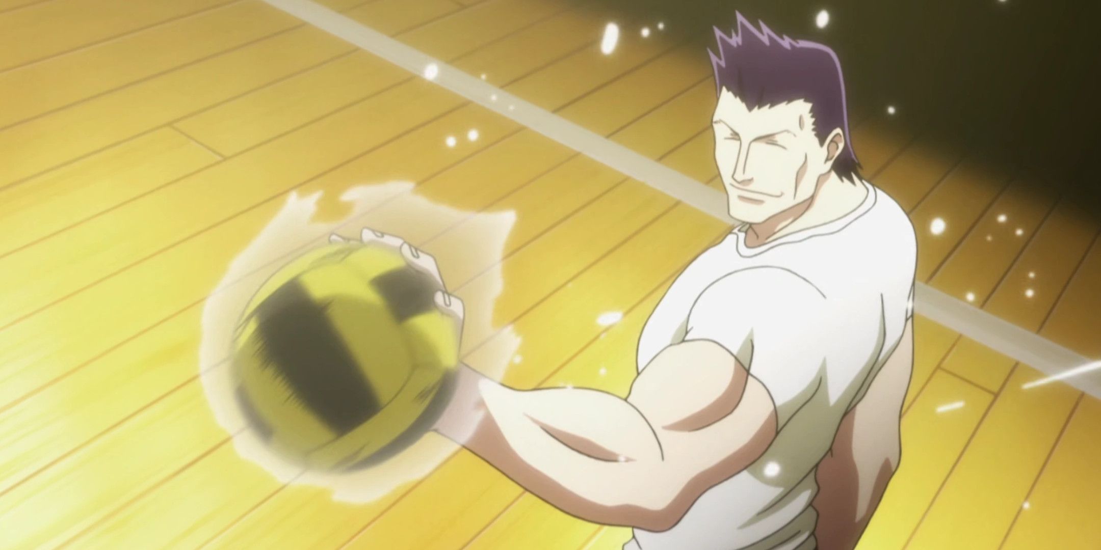 The razor is blocking a volleyball with his arm while smiling at the Hunter X -Hunter.