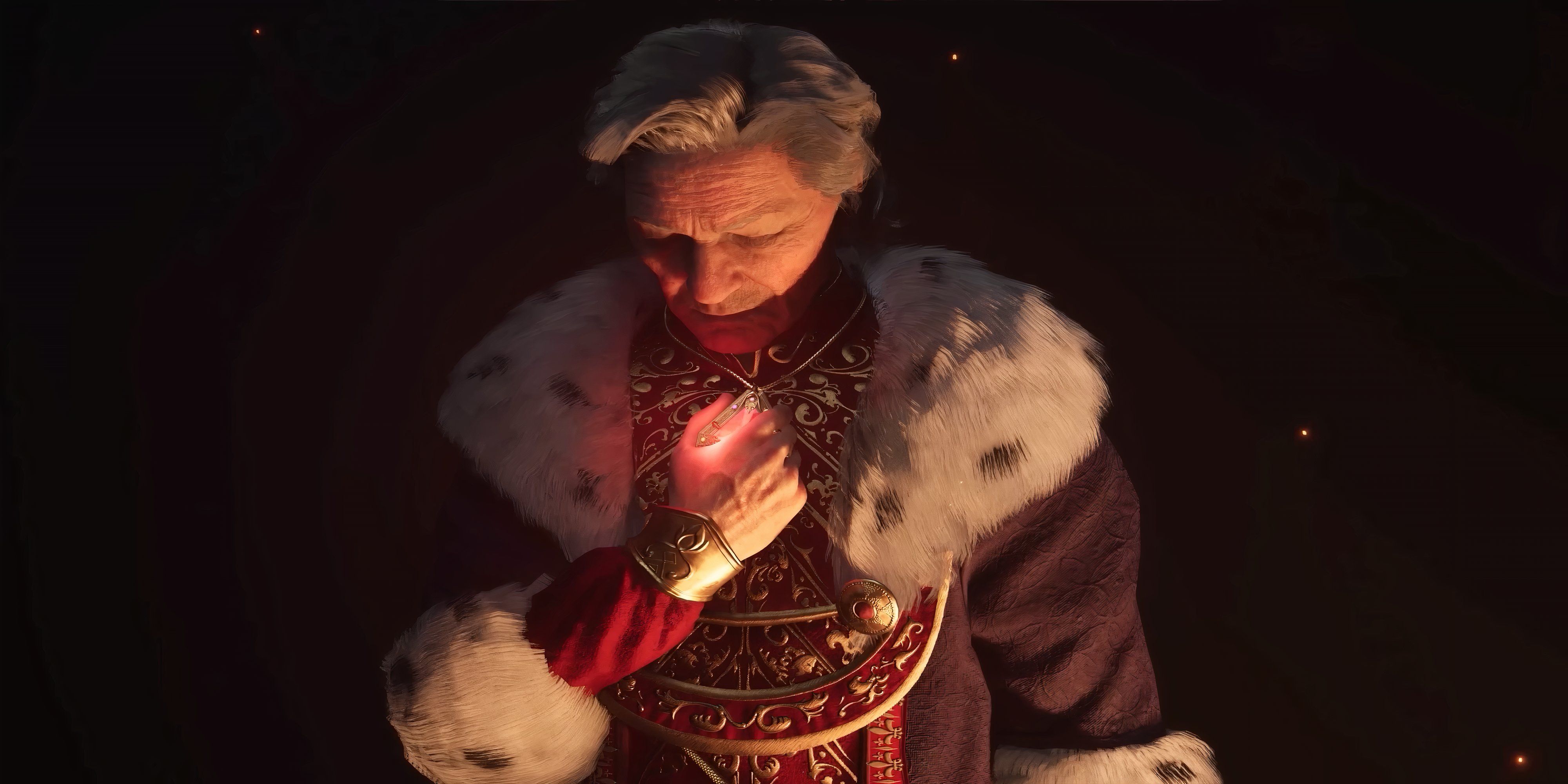 regal man holding glowing necklace in oblivion remastered.