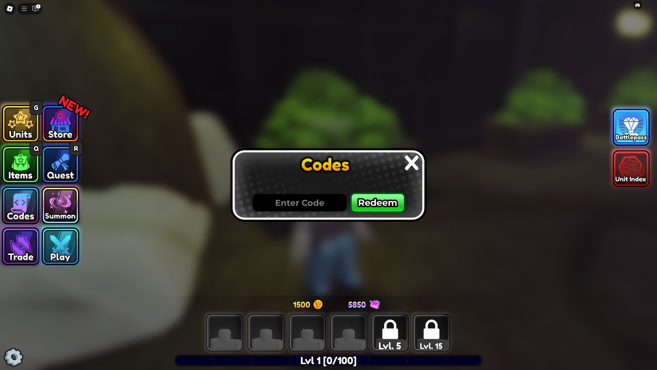 the codes box in Anime Siege on Roblox