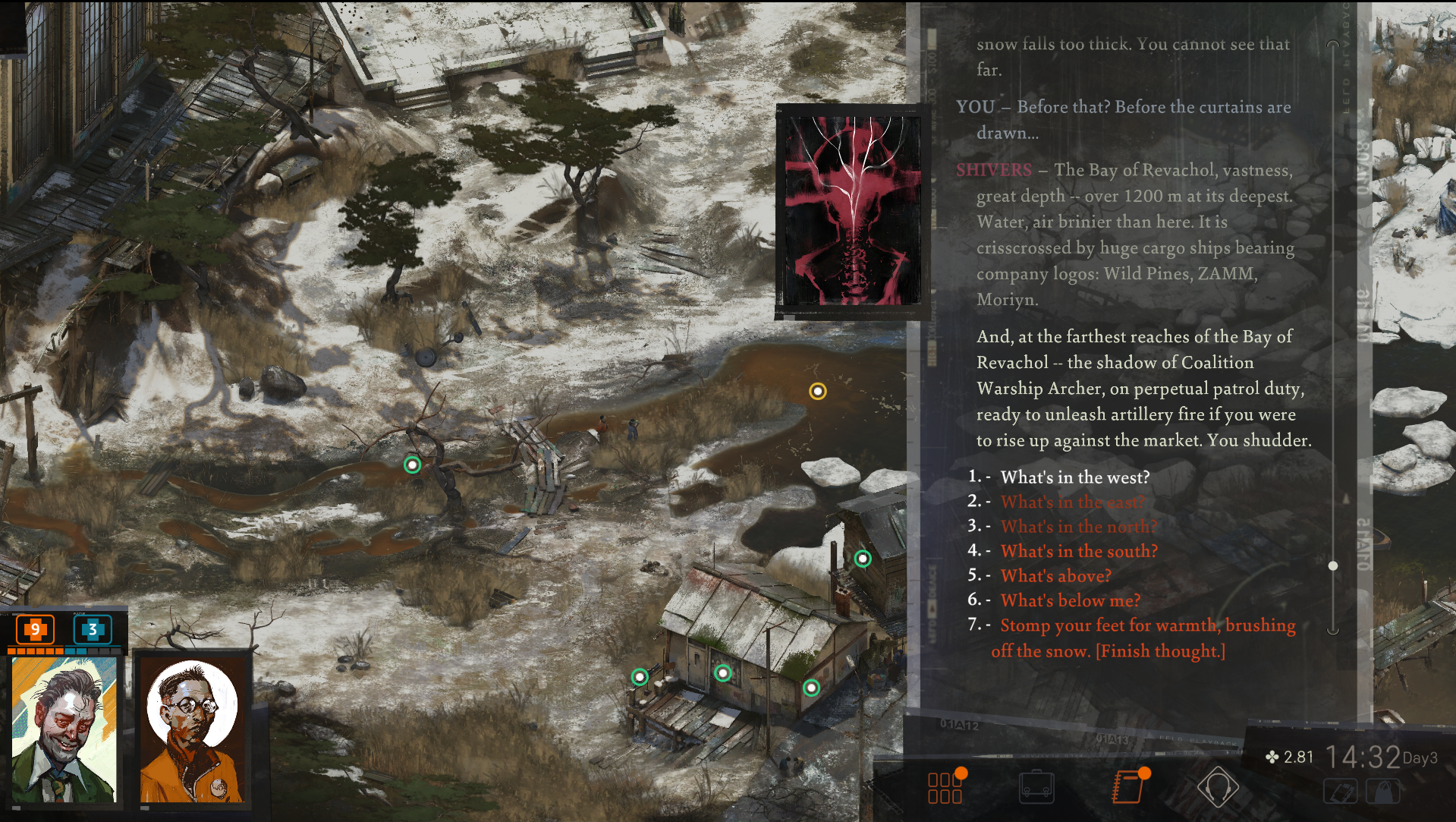 Shivers describing the Bay of Revachol in Disco Elysium