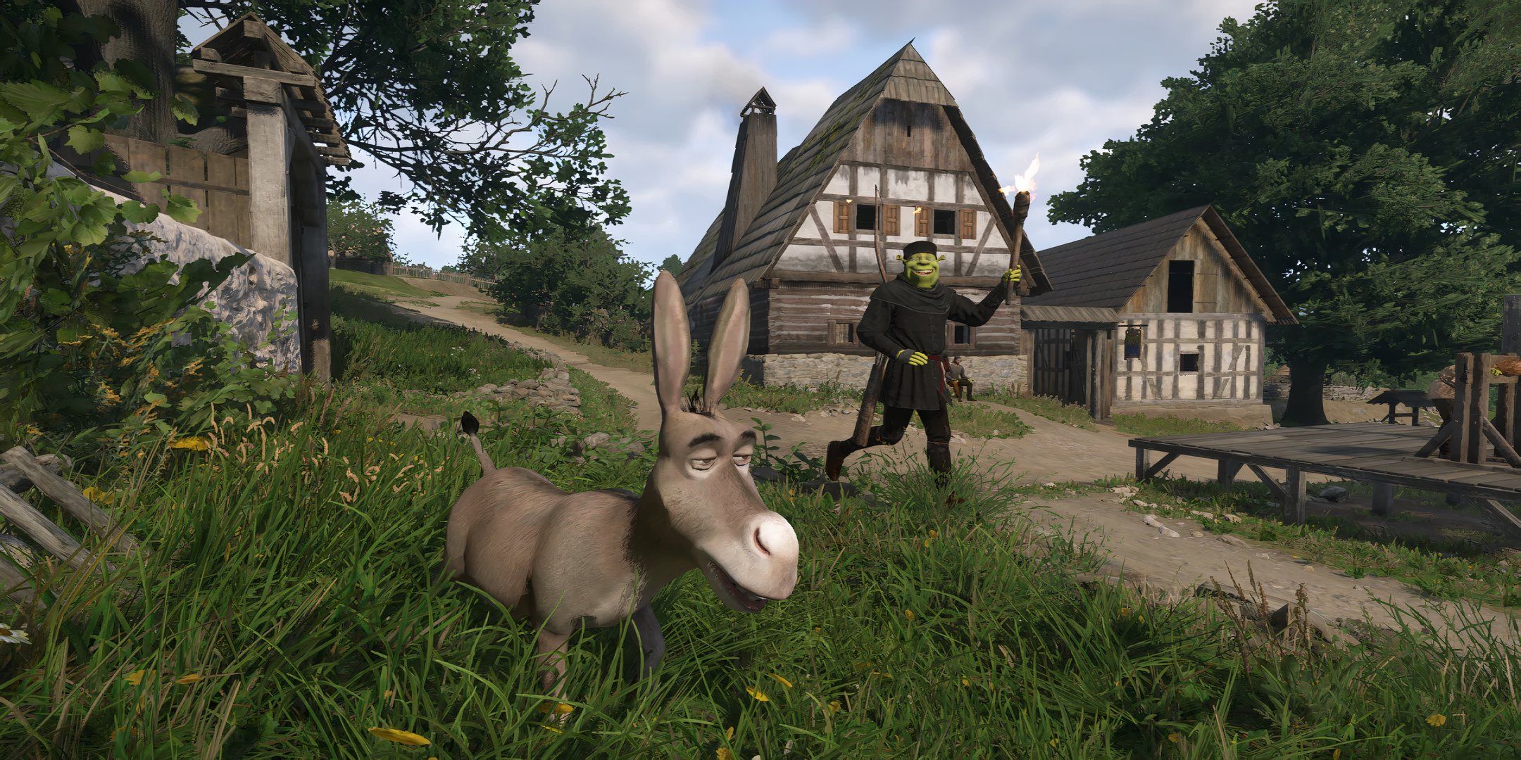shrek and donkey running through a town in kingdom come deliverance 2.