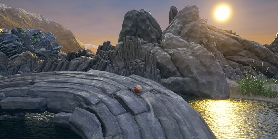 Skully: Skully racing around the island on rock formations.