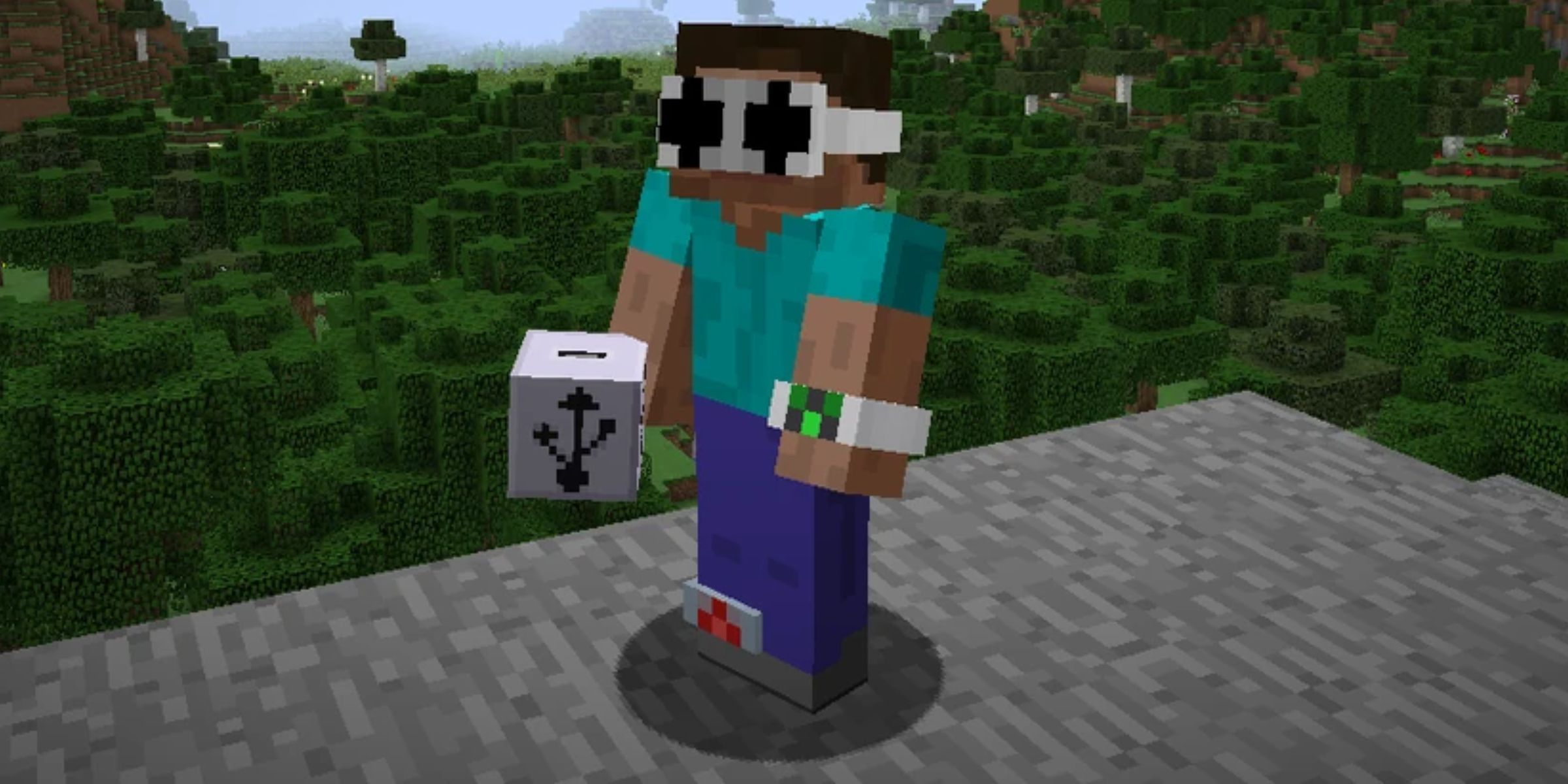 Steve wore reality vision, smart watch, and ankle monitors, while Mine Craft organized a USB charger block in the latest update of April Fools.
