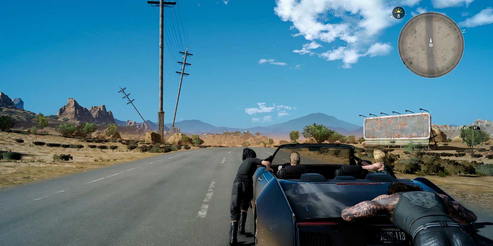 Opening Final Fantasy 15 with the main characters pushing car.