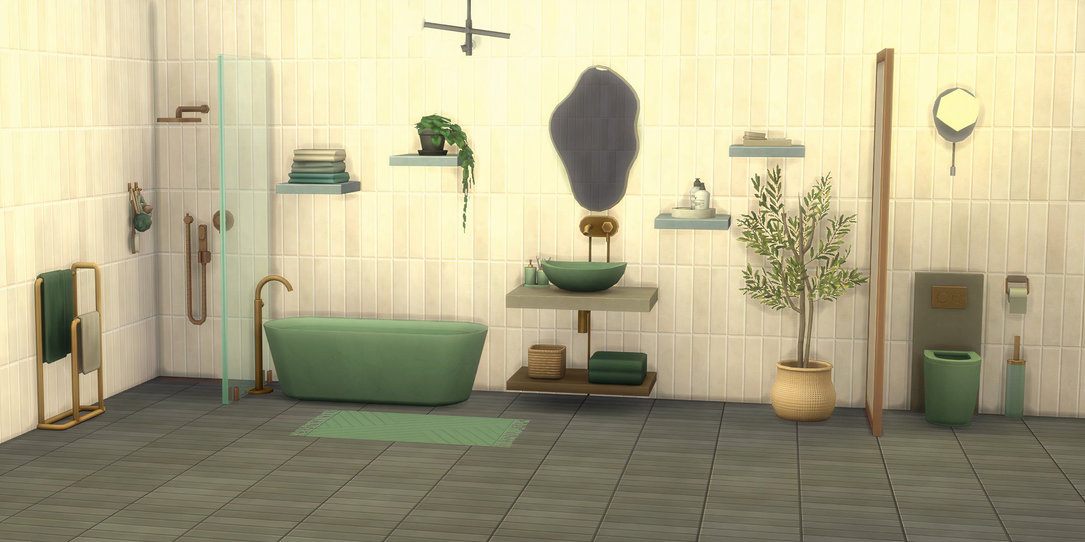 The Sims 4 Sleek Bathroom Kit Bathroom Layout with all items visible.