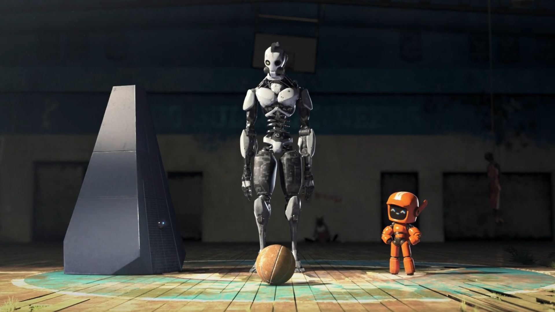 Three robots are staring at basketball in 'Three Robot' from Death + Robot.