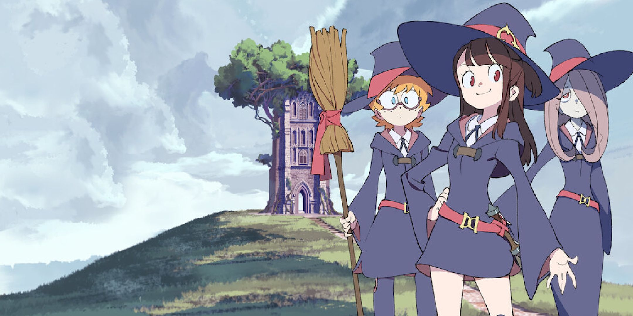 Three characters from Little Witch Academia posing together.