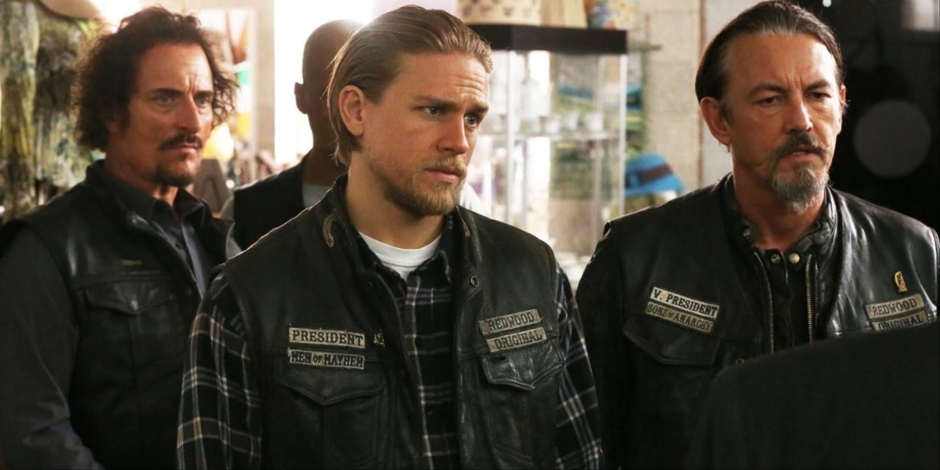 Tig, Jax, and Chibs present at a meet in Sons of Anarchy.
