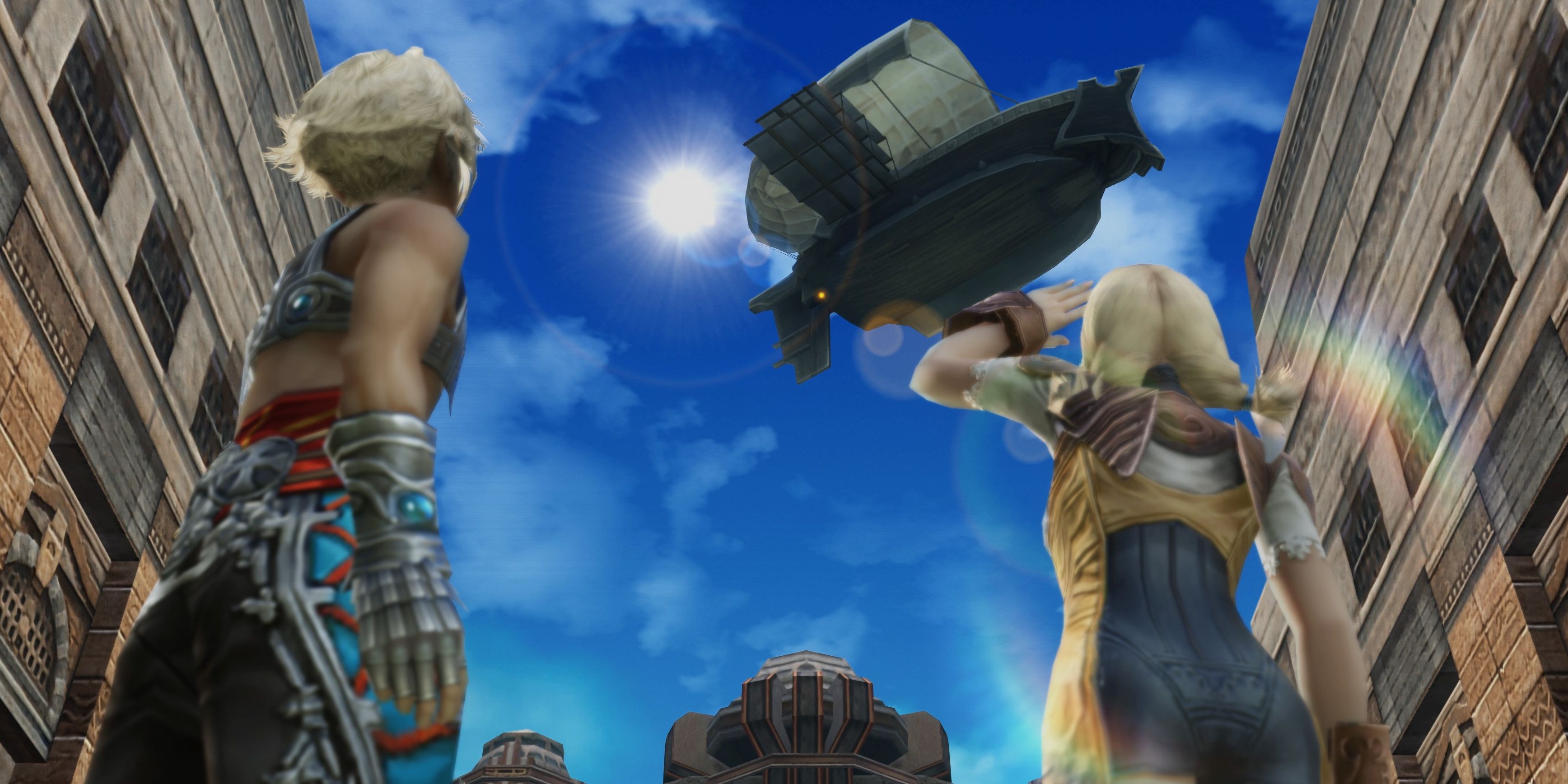 Vaan and Penelo looking up at an airship in Final Fantasy 12.