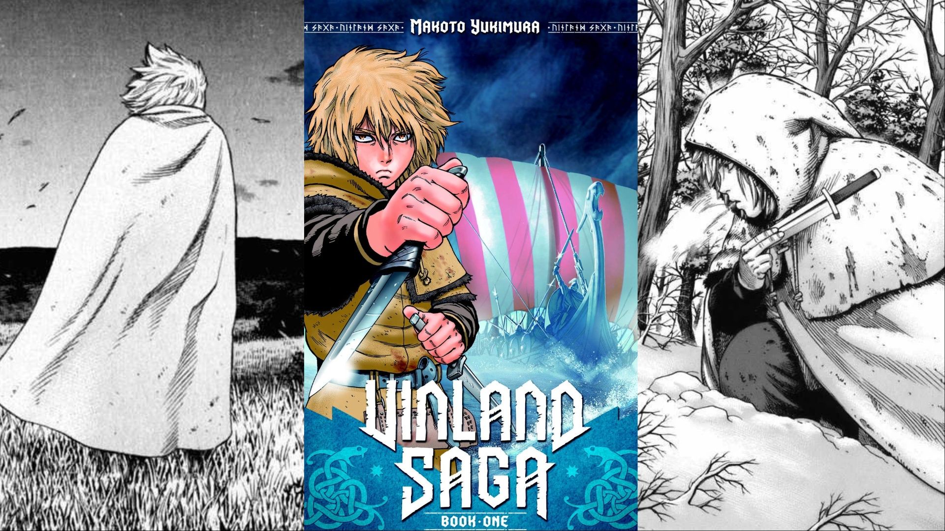 A collage of images showcasing panels and cover art from the manga Vinland Saga.