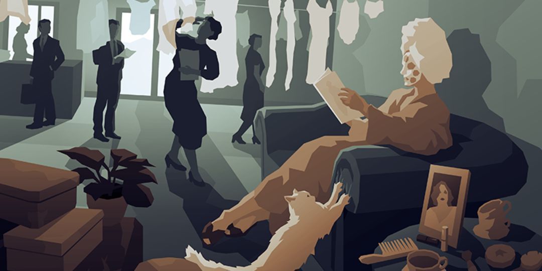 A lady with a face mask sits reading a newspaper. She is a dramatic actress.
