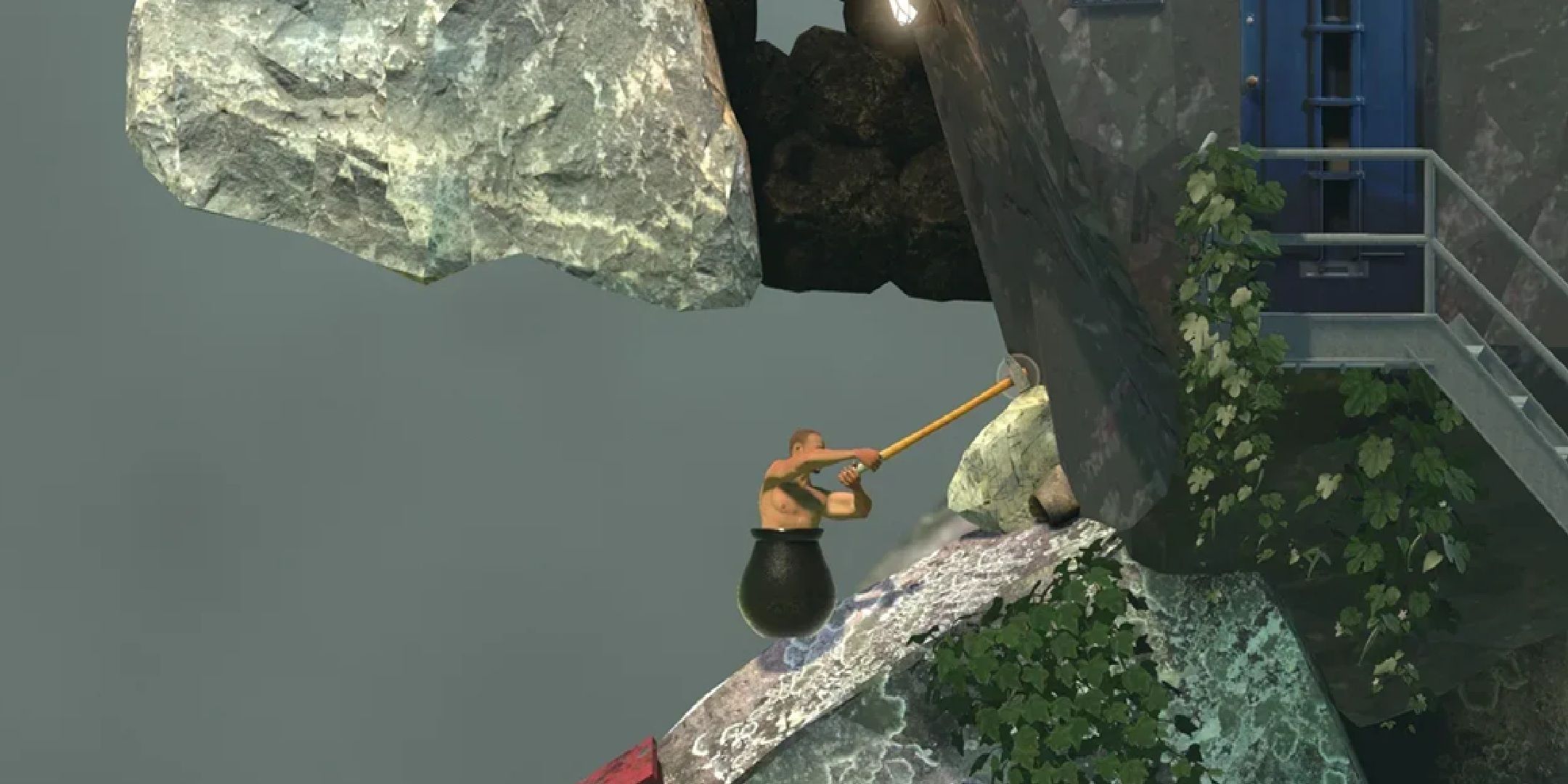 A man in a cauldron uses a hammer to climb a building in Getting Over It With Bennett Foddy.