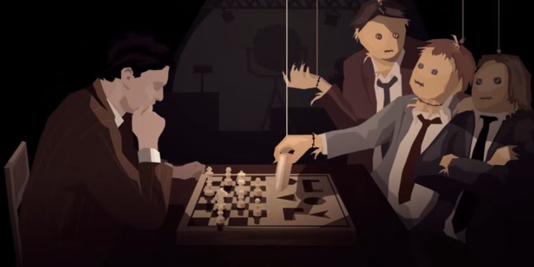 A man plays chess with straw monsters.