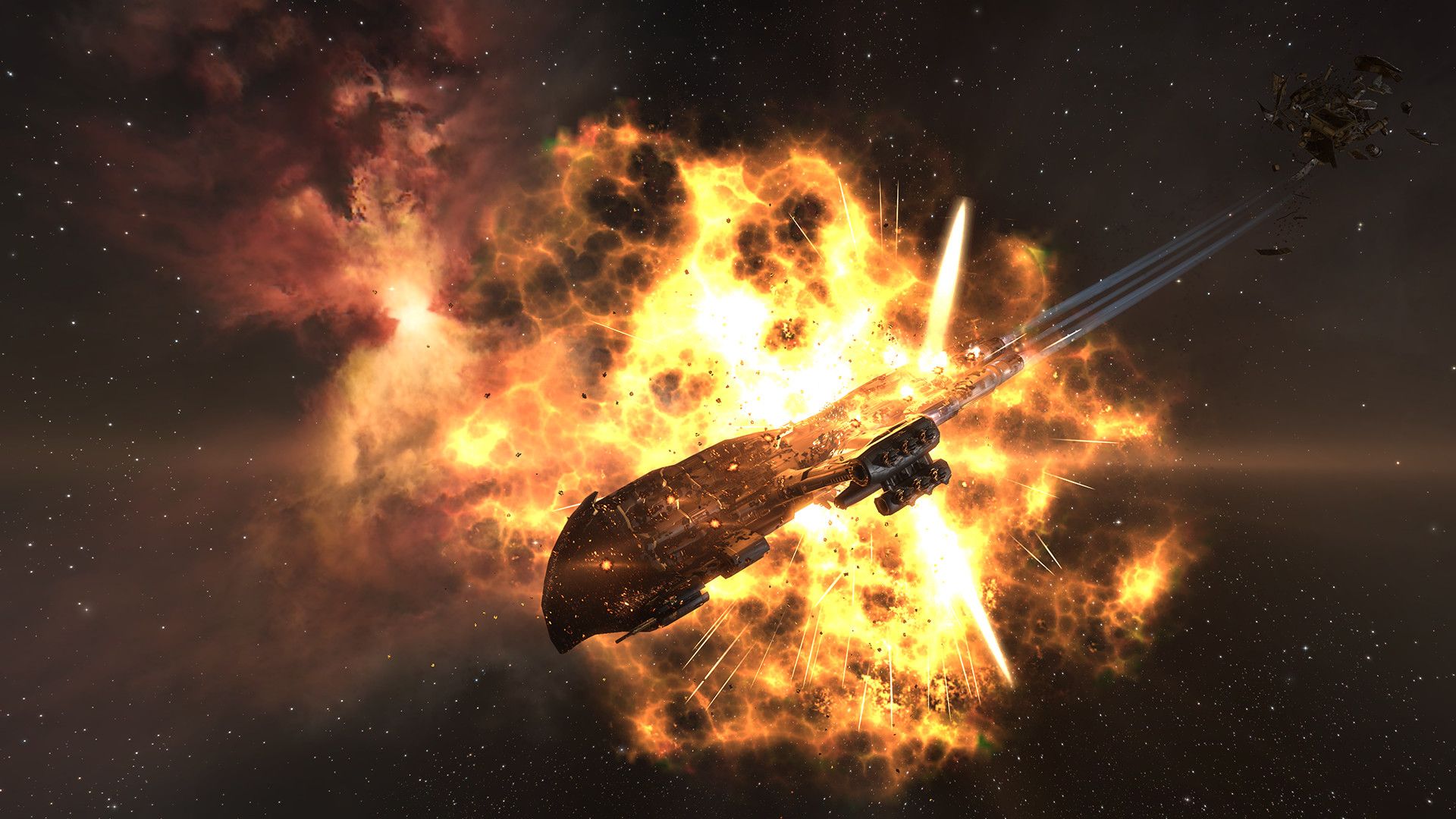 A ship being destroyed in Eve Online.