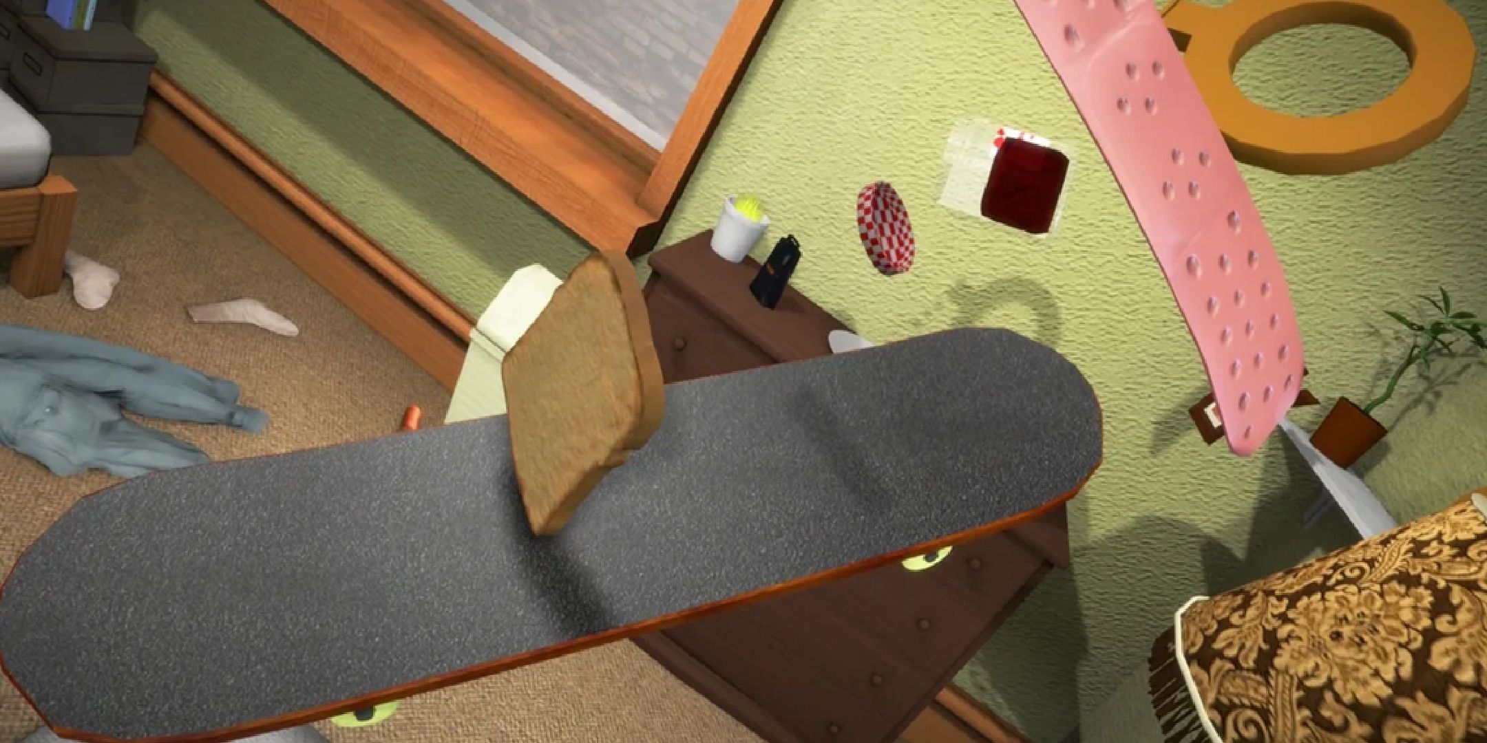 A slice of bread rides a skateboard in I Am Bread.