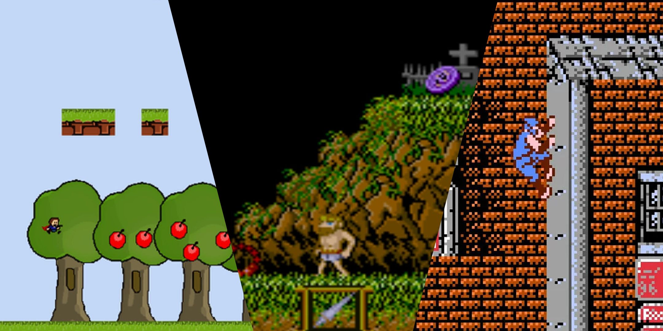 یک تصویر تقسیم شده با صحنه هایی از I Wanna Be Guy ، Ghosts n Goblins و Ninja Gaiden.