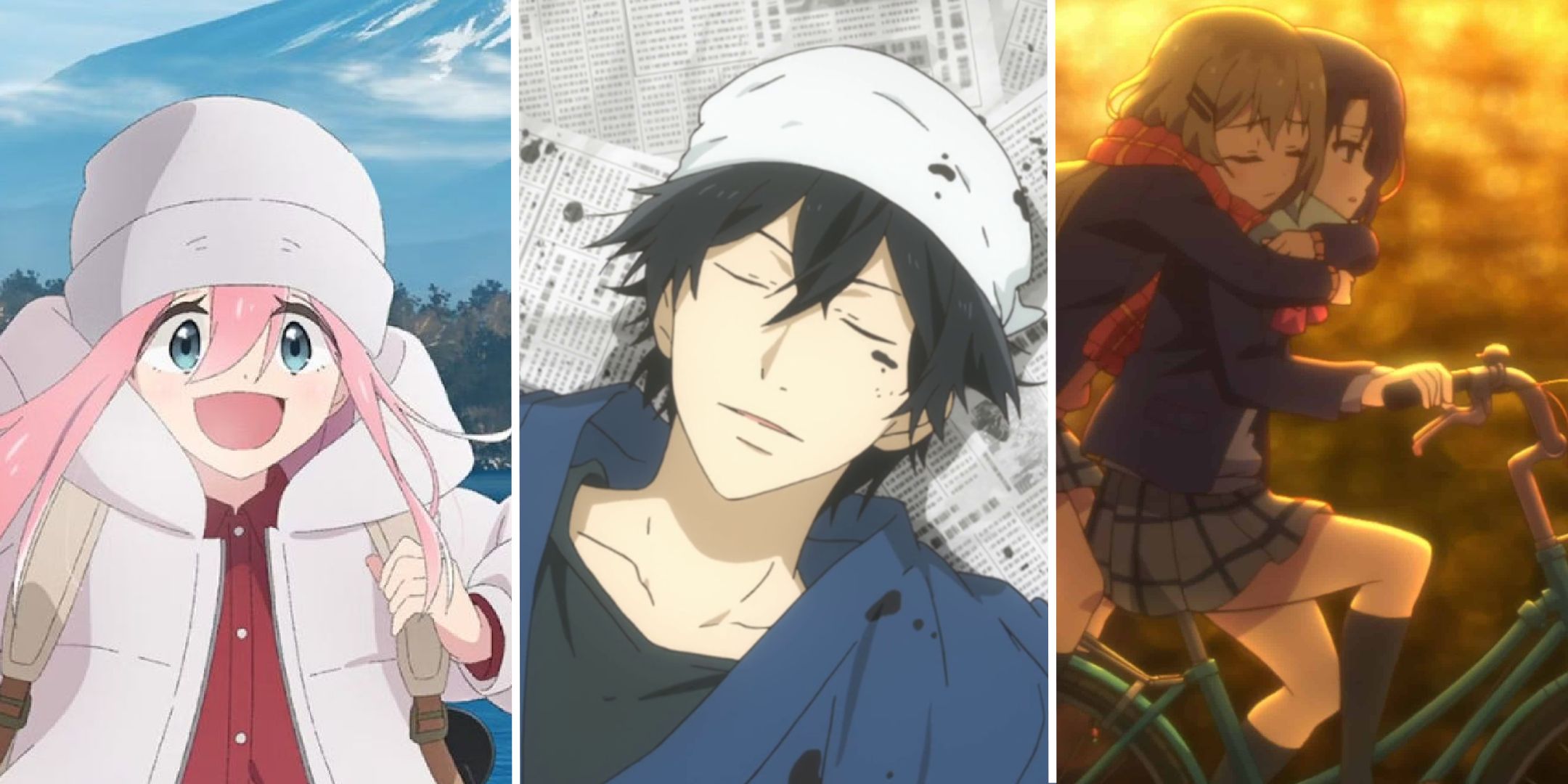 A split image showing Laid Back Camp, Barakamon, and Adachi and Shimamura.