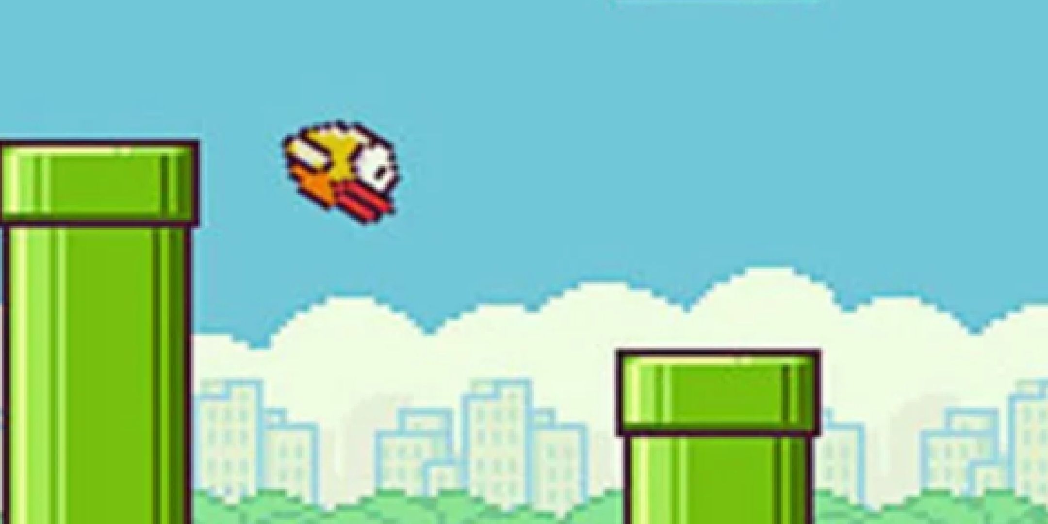 A yellow bird falls next to a pipe in Flappy Bird.